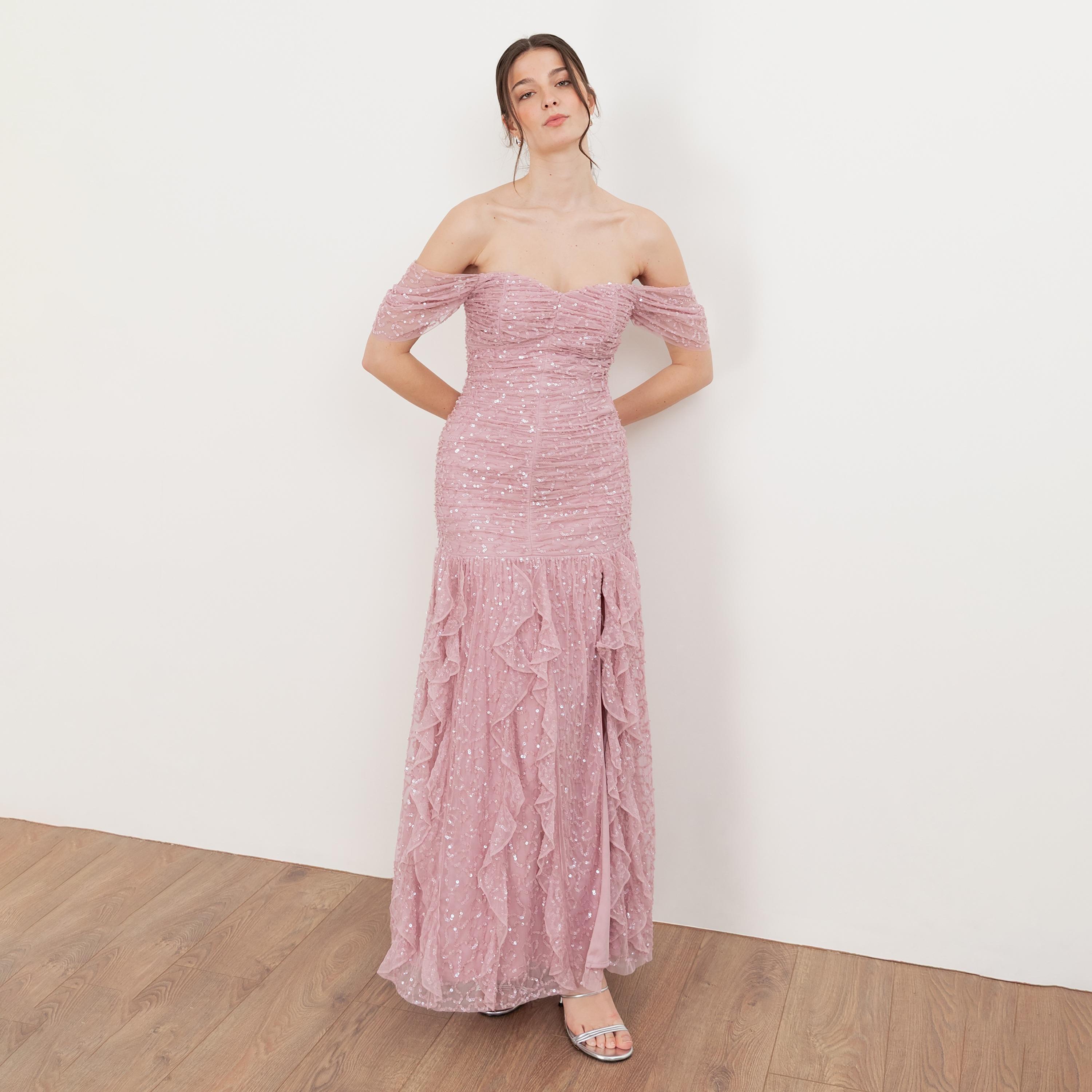 Maya Deluxe Soft Pink Sequined Ruched Tulle Off-Shoulder Ruffled Women's Evening Maxi Dress-women-clothing-dresses-image-1