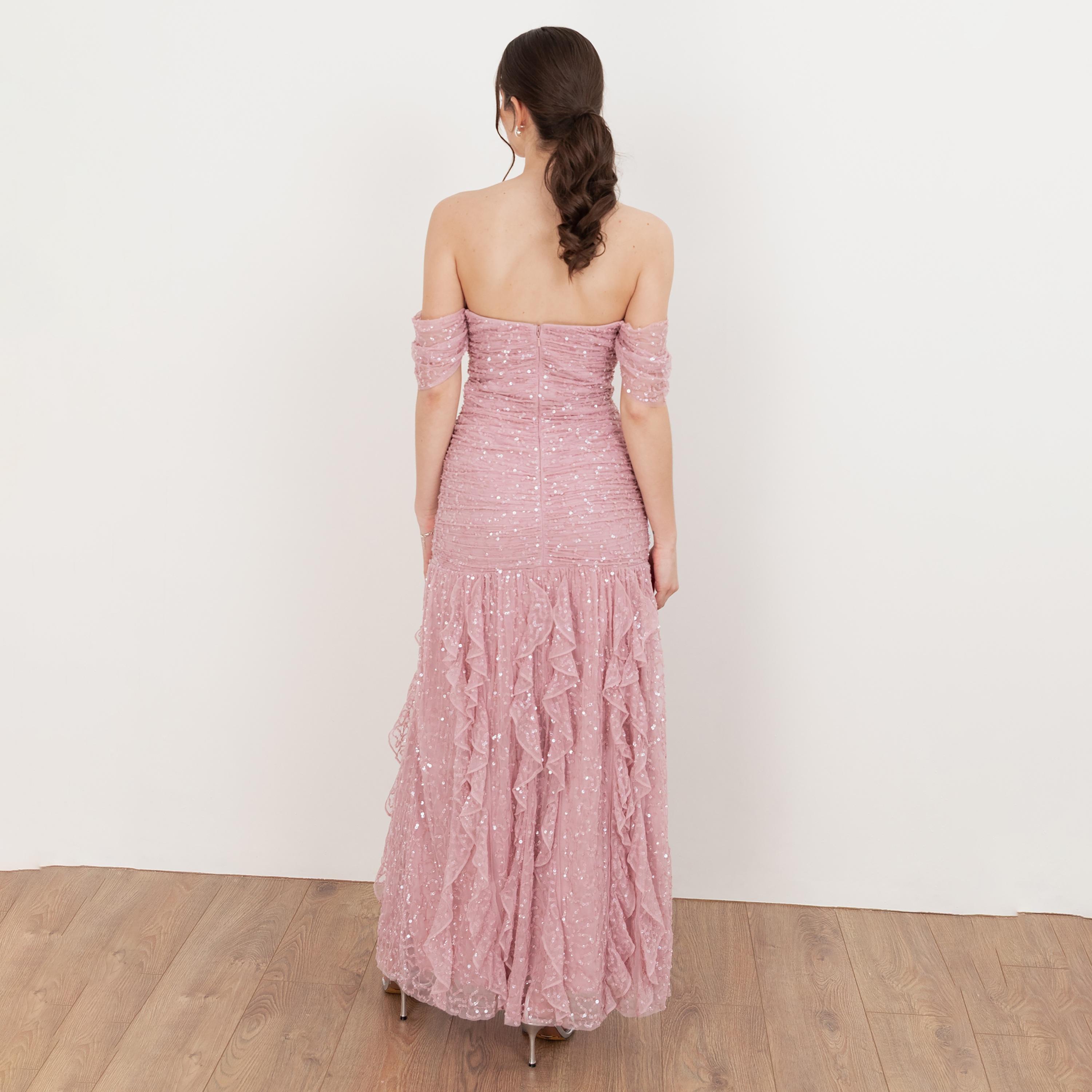 Maya Deluxe Soft Pink Sequined Ruched Tulle Off-Shoulder Ruffled Women's Evening Maxi Dress-women-clothing-dresses-image-2