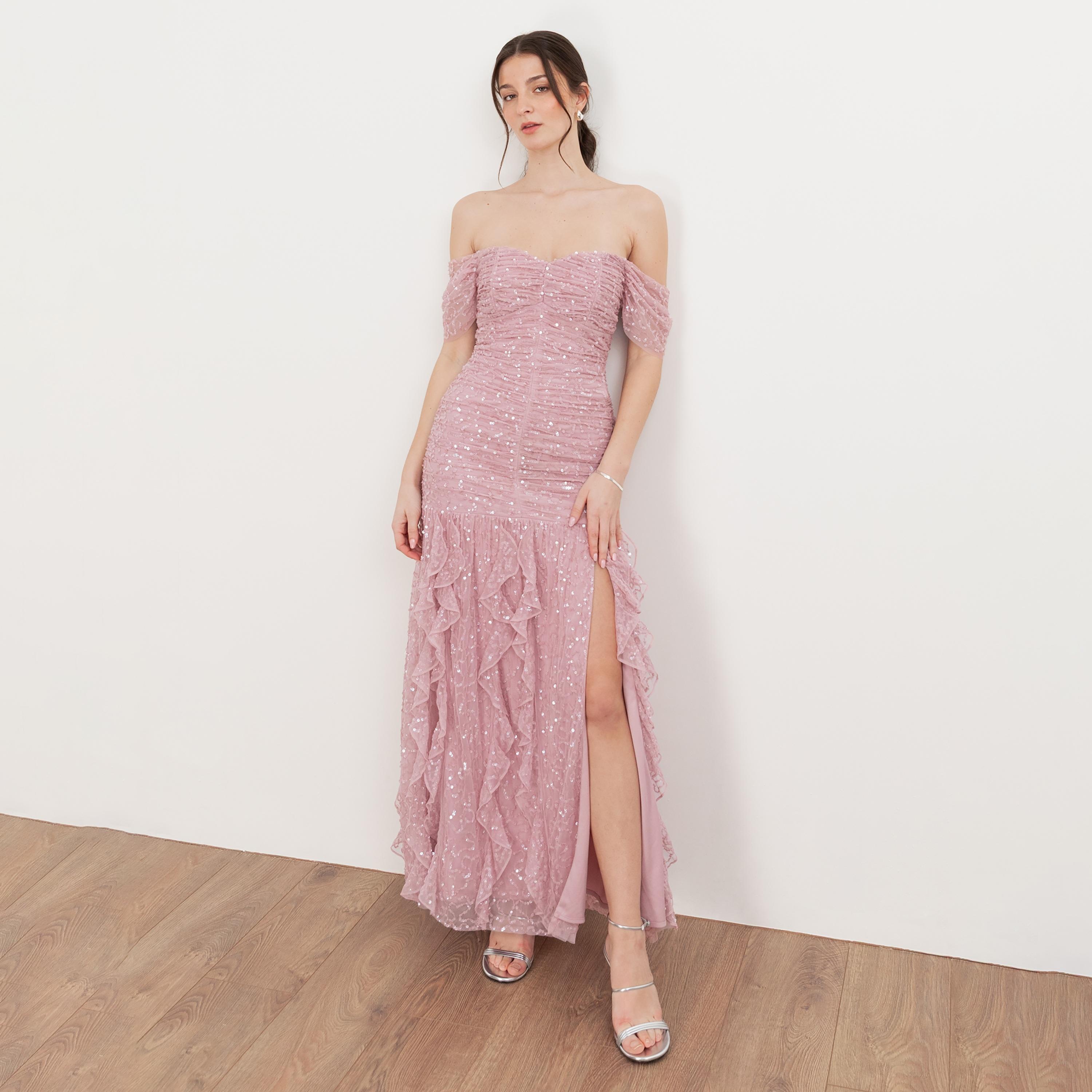 Maya Deluxe Soft Pink Sequined Ruched Tulle Off-Shoulder Ruffled Women's Evening Maxi Dress-women-clothing-dresses-image-3