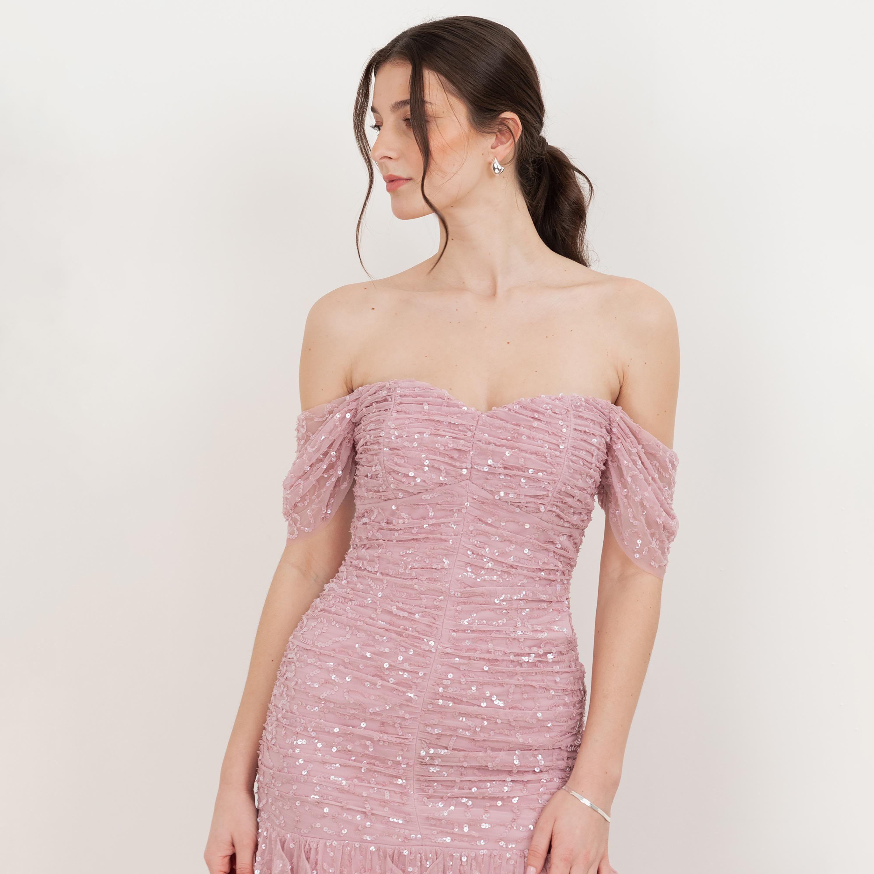 Maya Deluxe Soft Pink Sequined Ruched Tulle Off-Shoulder Ruffled Women's Evening Maxi Dress-women-clothing-dresses-image-4