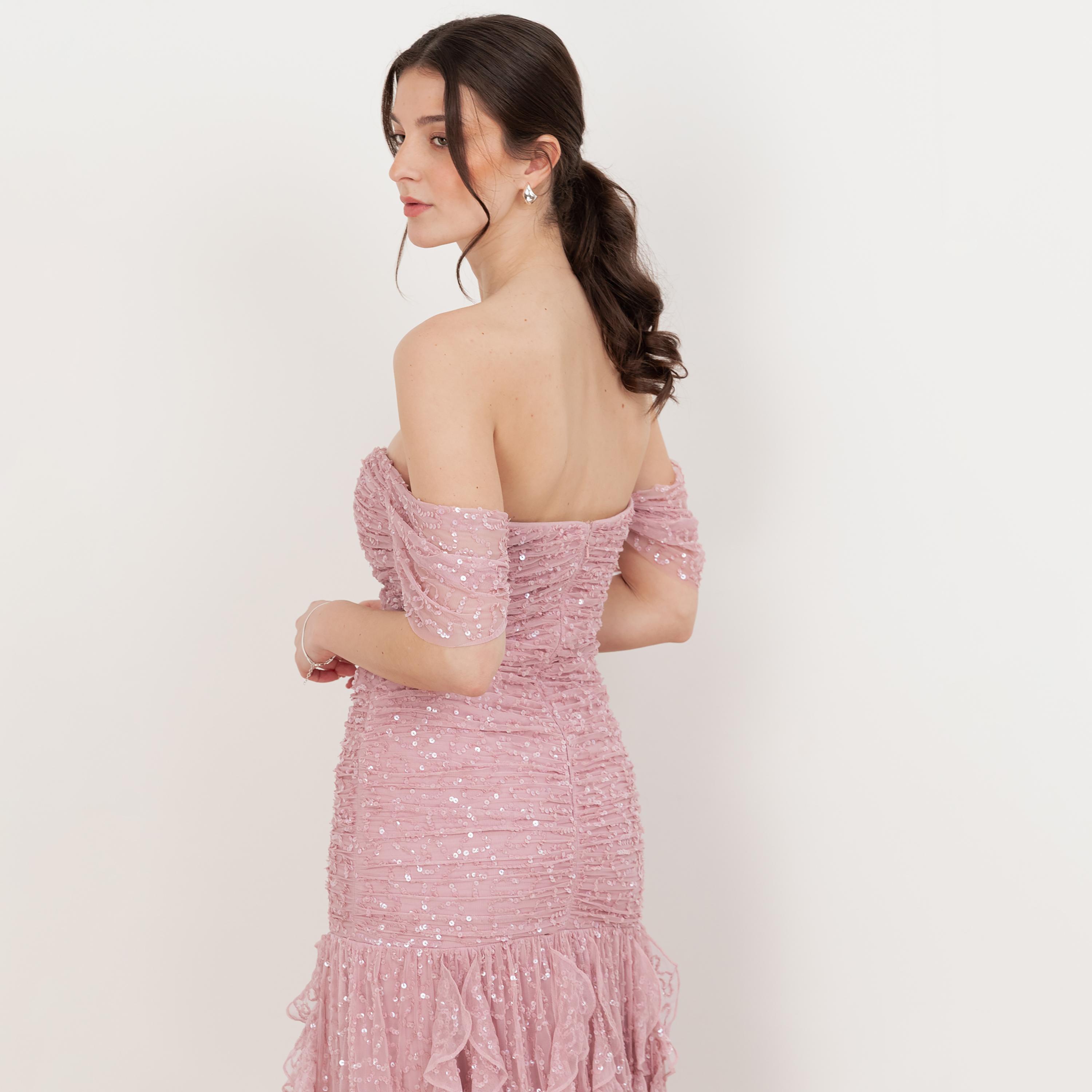 Maya Deluxe Soft Pink Sequined Ruched Tulle Off-Shoulder Ruffled Women's Evening Maxi Dress-women-clothing-dresses-image-5