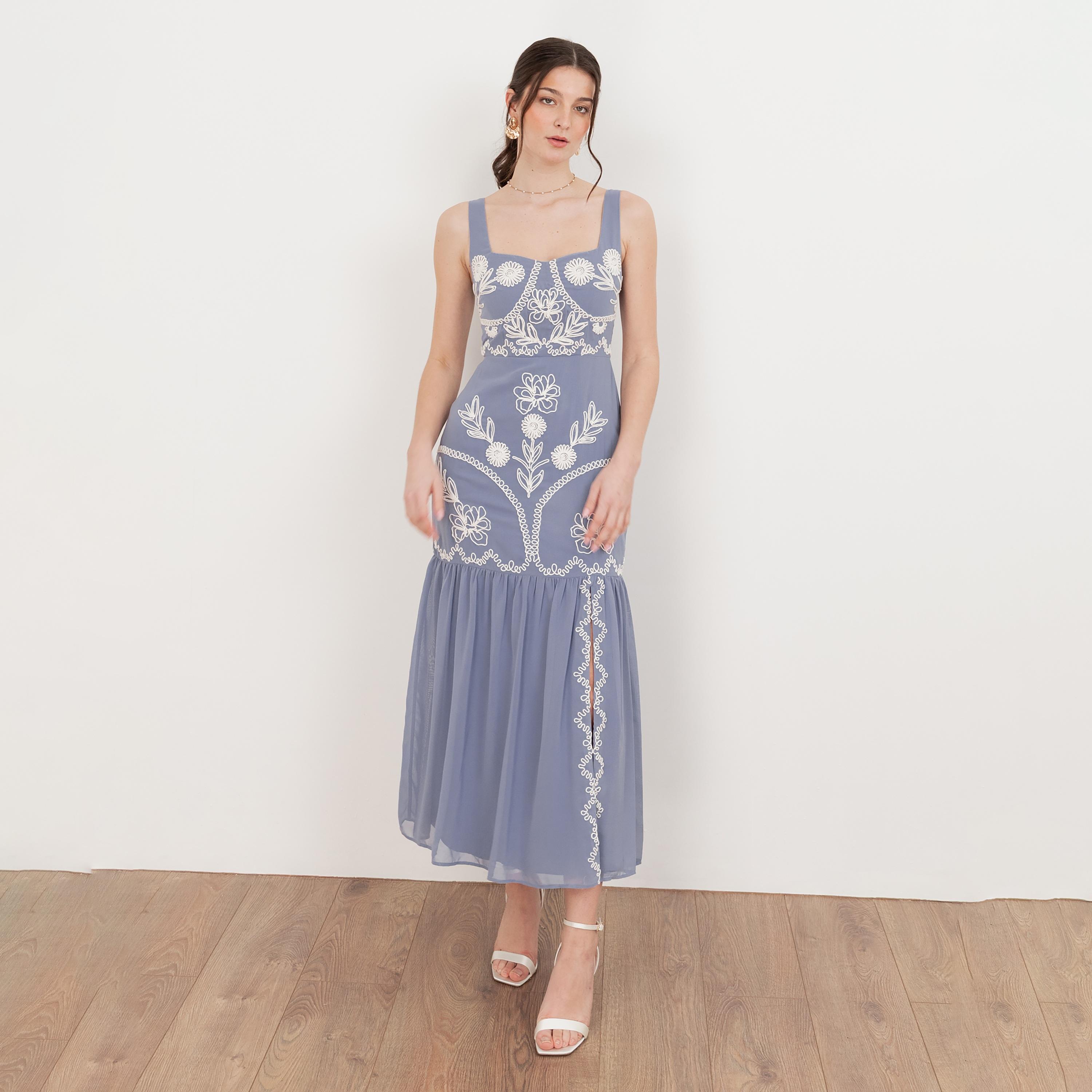 Maya Deluxe Wisteria Blue Floral Embroidered Georgette Square Neck Tiered Women's Midi Dress-women-clothing-dresses-image-1