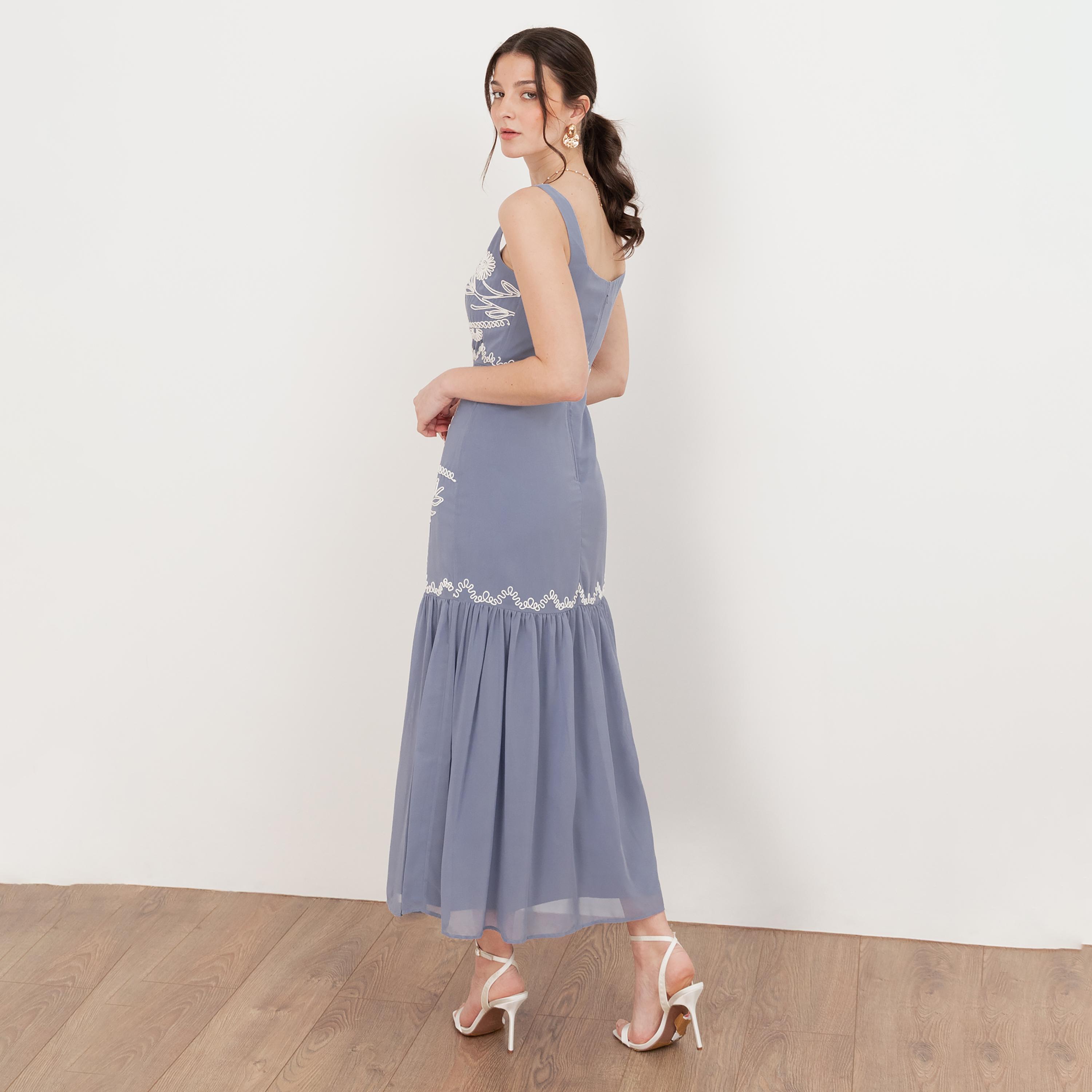 Maya Deluxe Wisteria Blue Floral Embroidered Georgette Square Neck Tiered Women's Midi Dress-women-clothing-dresses-image-2