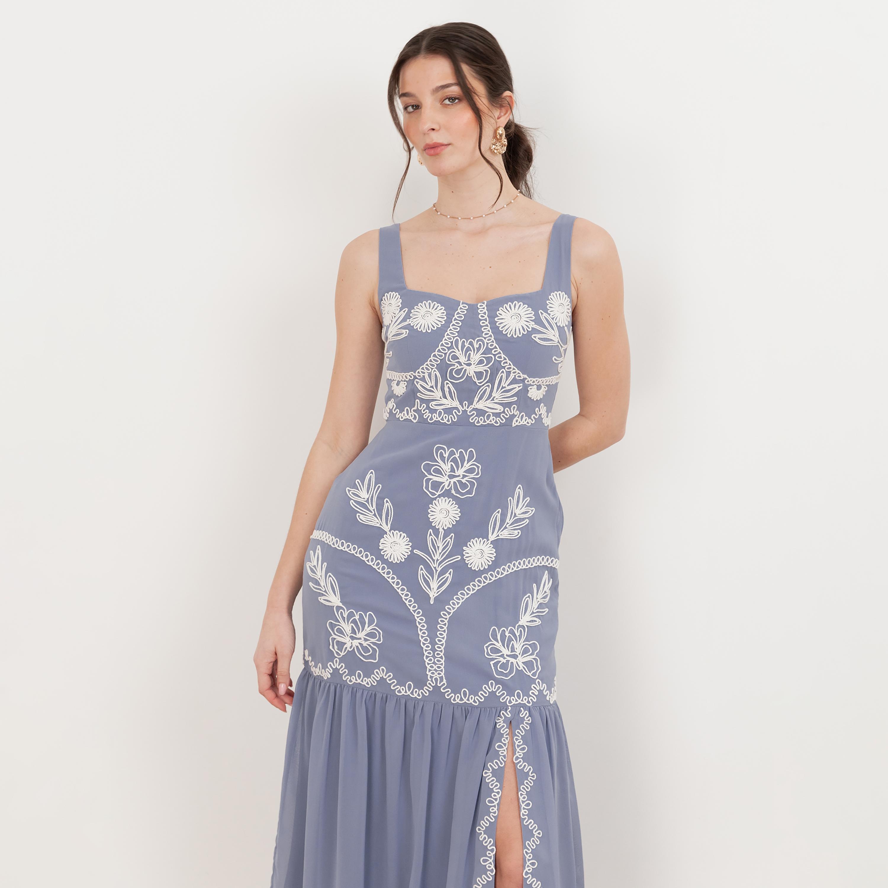 Maya Deluxe Wisteria Blue Floral Embroidered Georgette Square Neck Tiered Women's Midi Dress-women-clothing-dresses-image-3