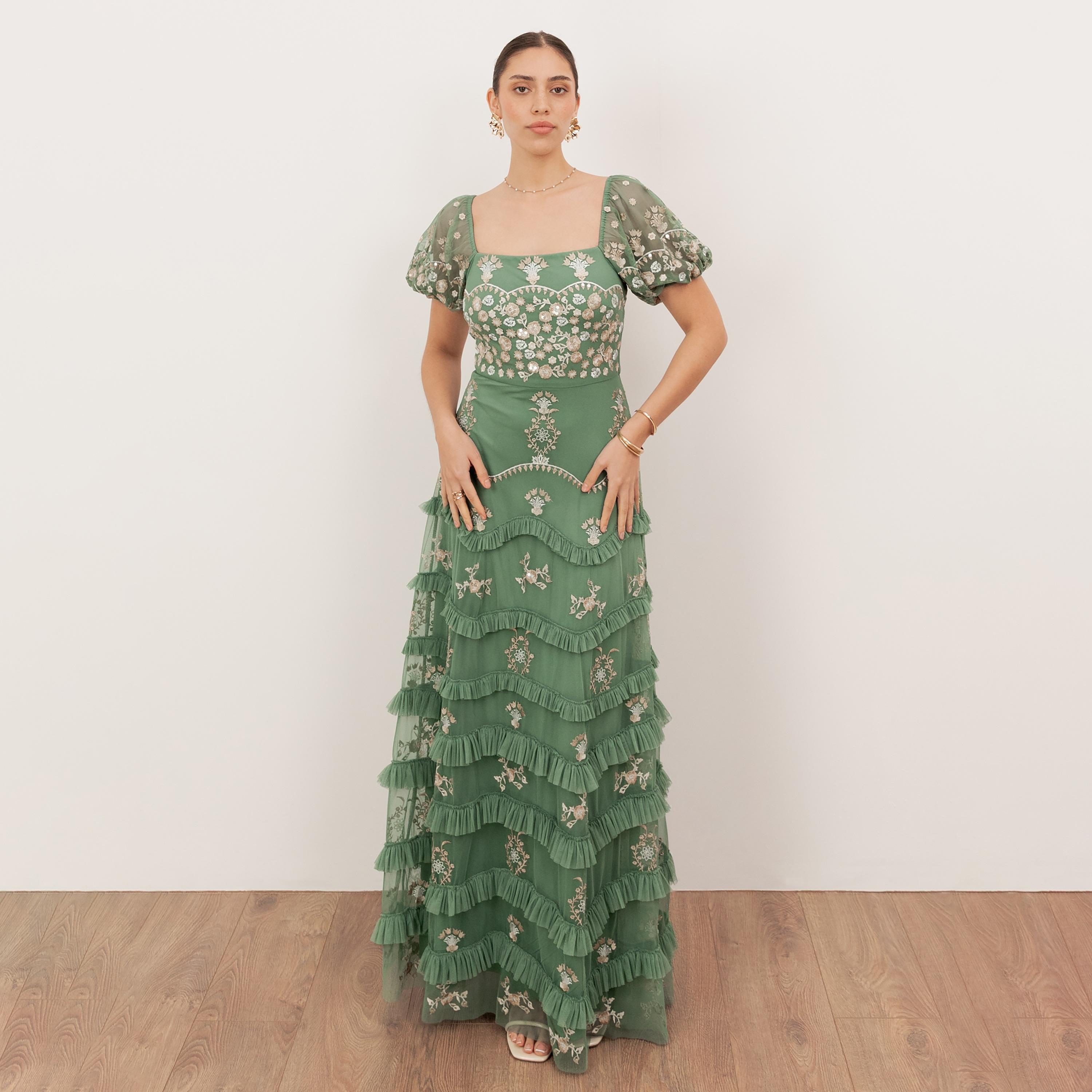 Maya Deluxe Green Embroidered Tulle Square Neck Puff Sleeves Tiered Women's Evening Maxi Dress-women-clothing-dresses-image-1