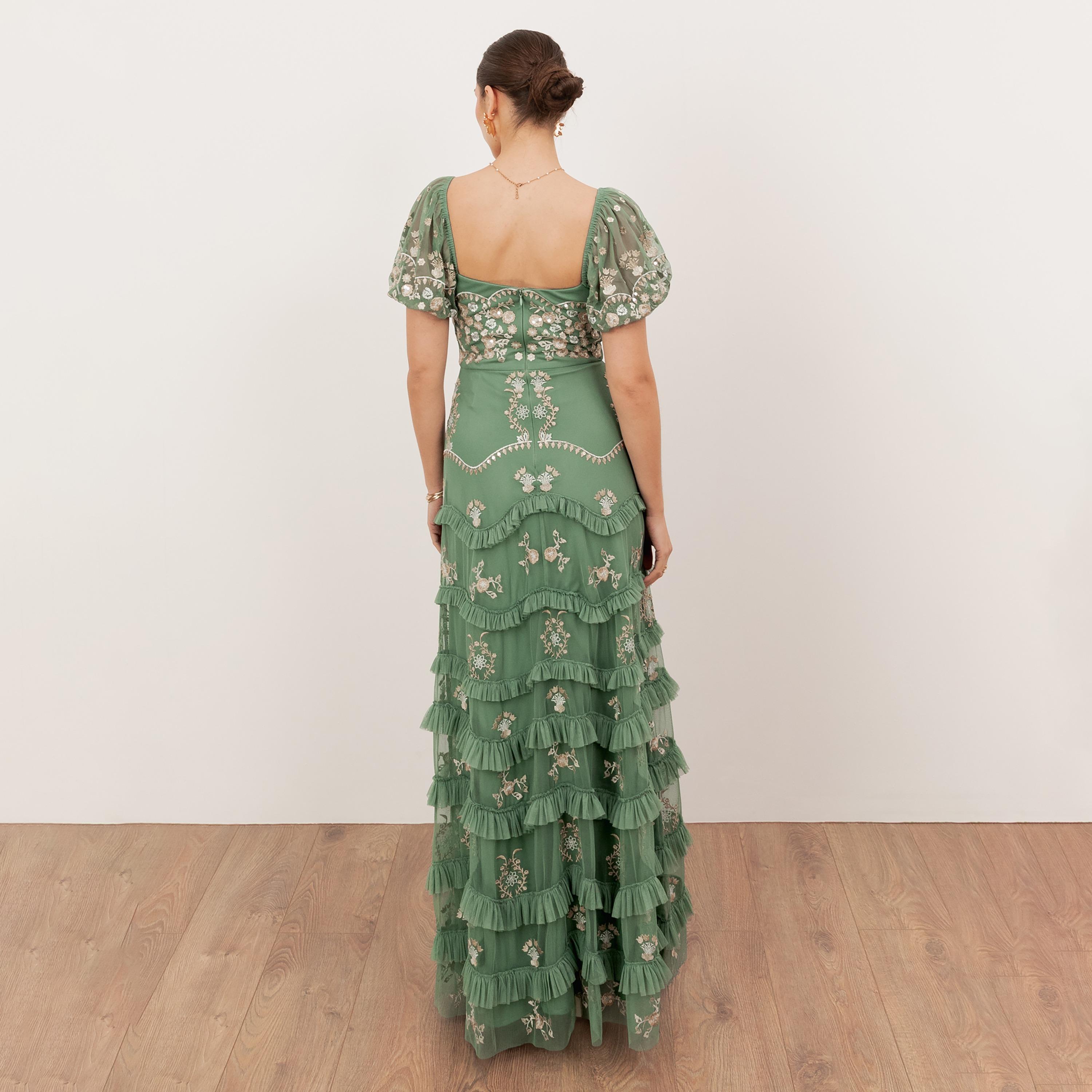 Maya Deluxe Green Embroidered Tulle Square Neck Puff Sleeves Tiered Women's Evening Maxi Dress-women-clothing-dresses-image-2