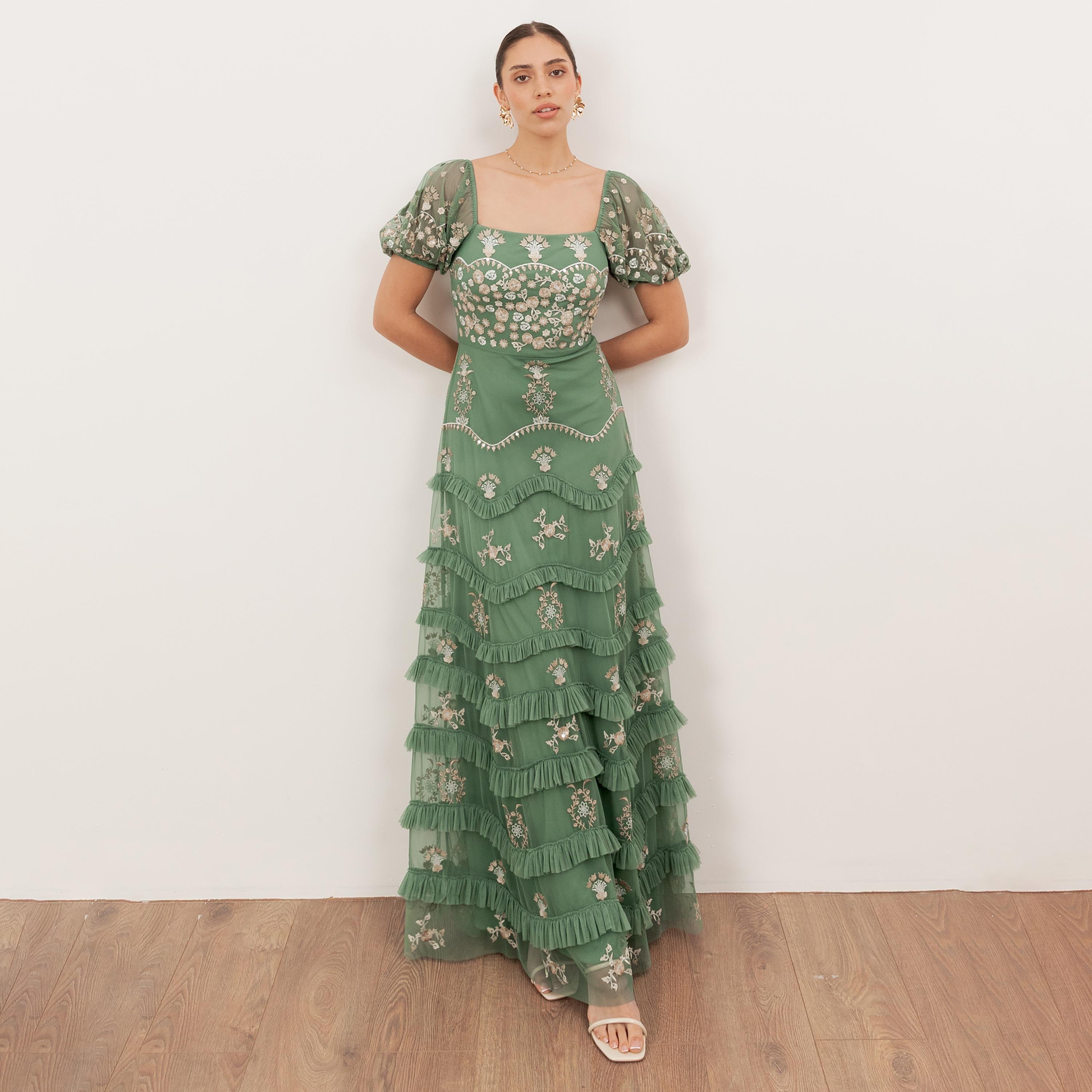 Maya Deluxe Green Embroidered Tulle Square Neck Puff Sleeves Tiered Women's Evening Maxi Dress-women-clothing-dresses-image-3