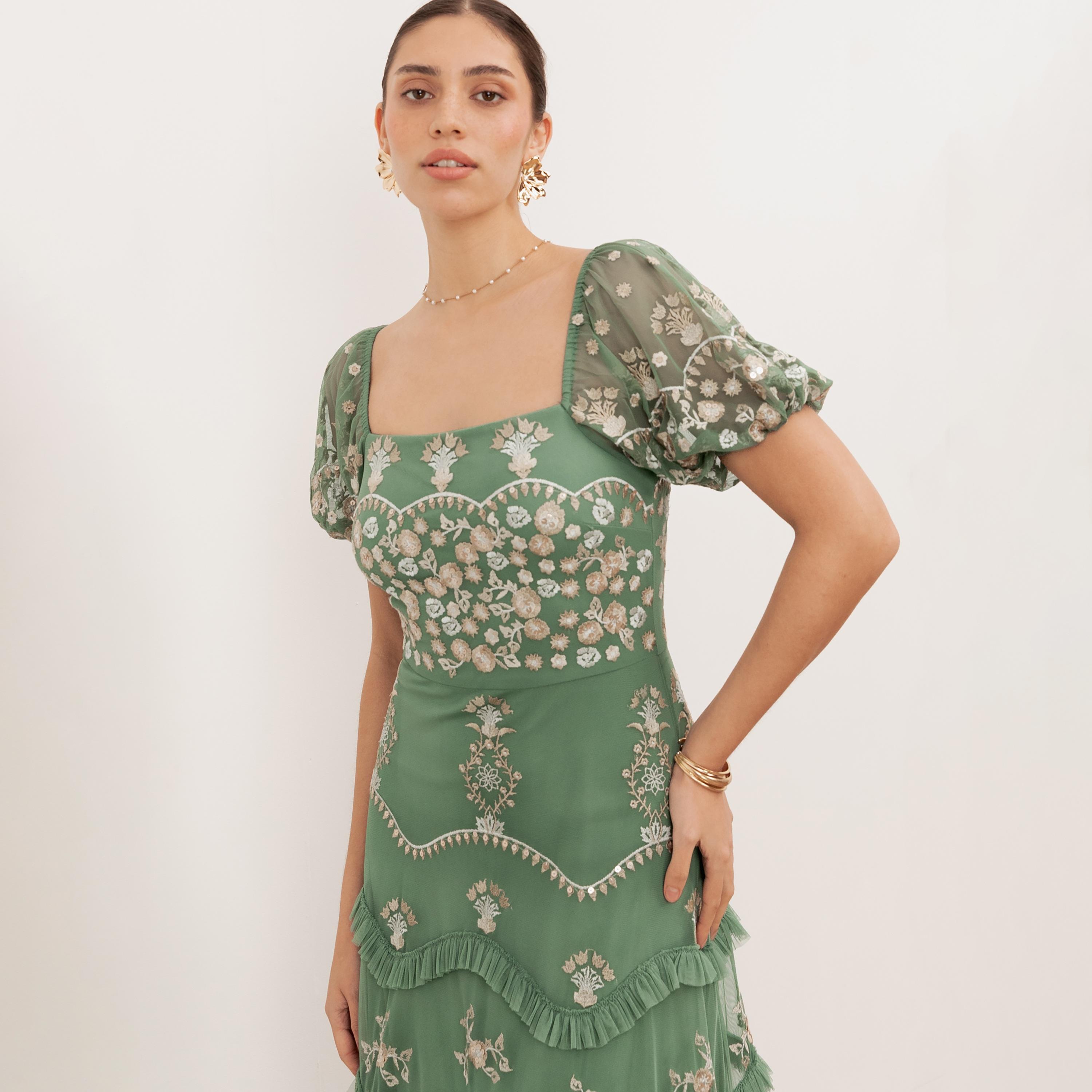 Maya Deluxe Green Embroidered Tulle Square Neck Puff Sleeves Tiered Women's Evening Maxi Dress-women-clothing-dresses-image-4