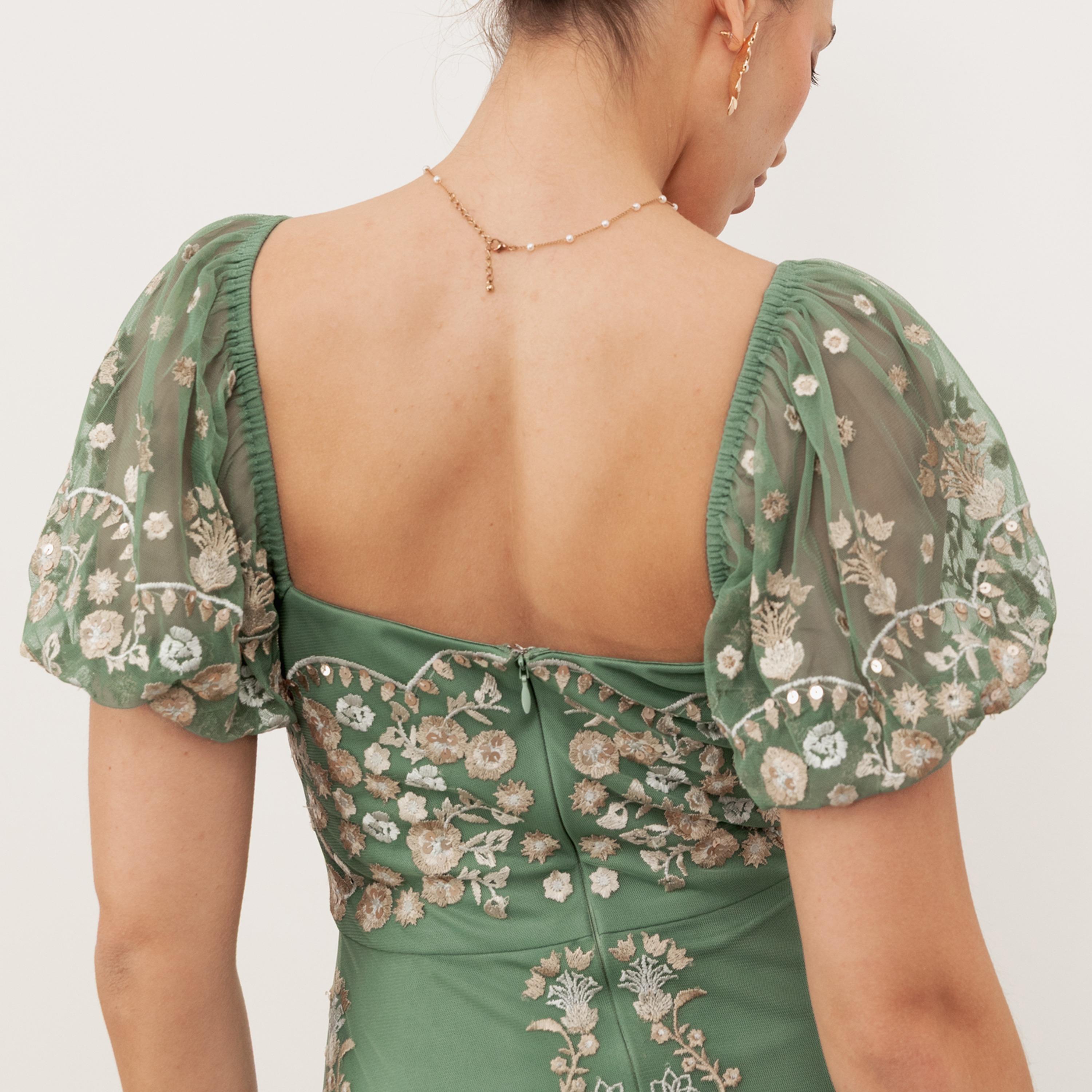 Maya Deluxe Green Embroidered Tulle Square Neck Puff Sleeves Tiered Women's Evening Maxi Dress-women-clothing-dresses-image-5