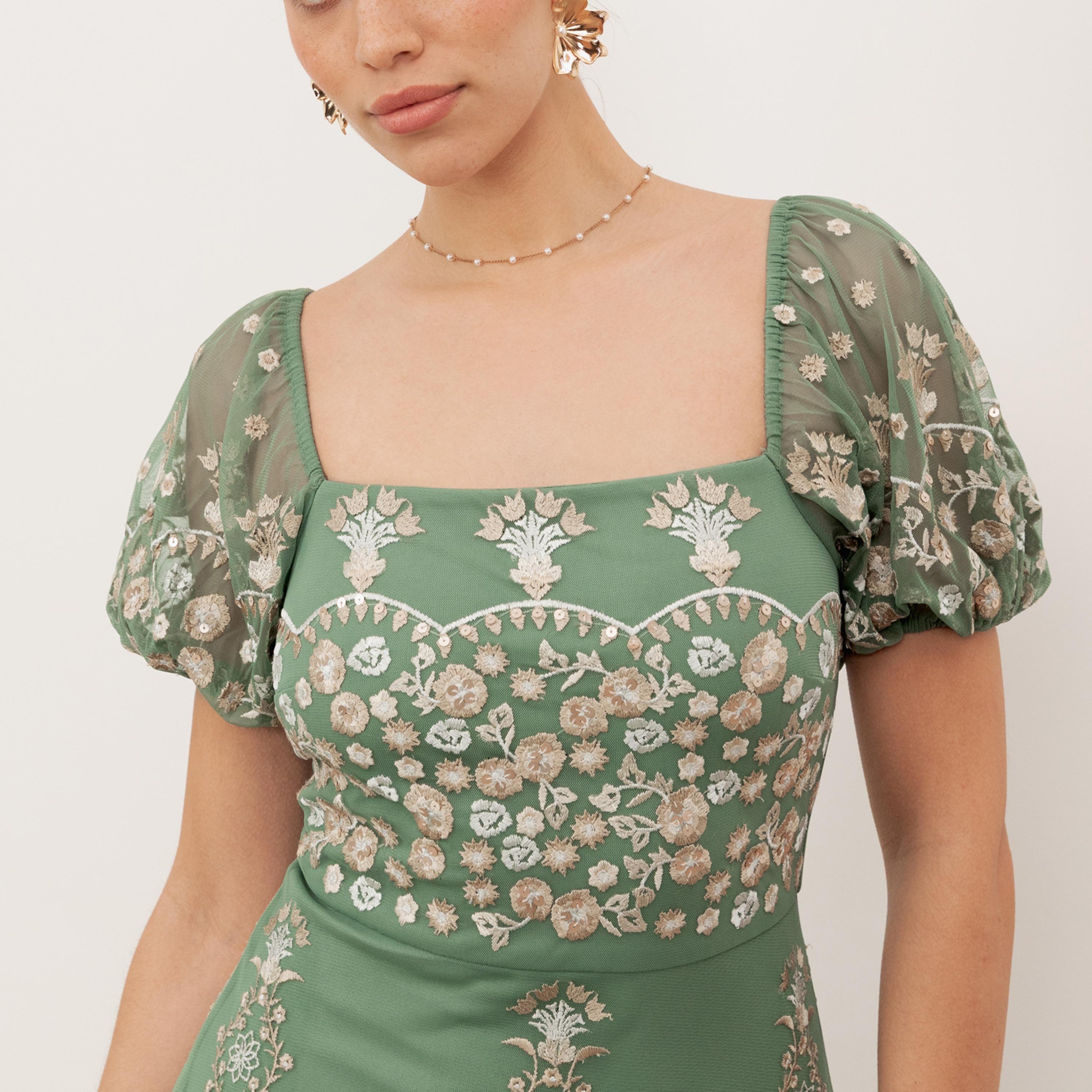 Maya Deluxe Green Embroidered Tulle Square Neck Puff Sleeves Tiered Women's Evening Maxi Dress-women-clothing-dresses-image-6