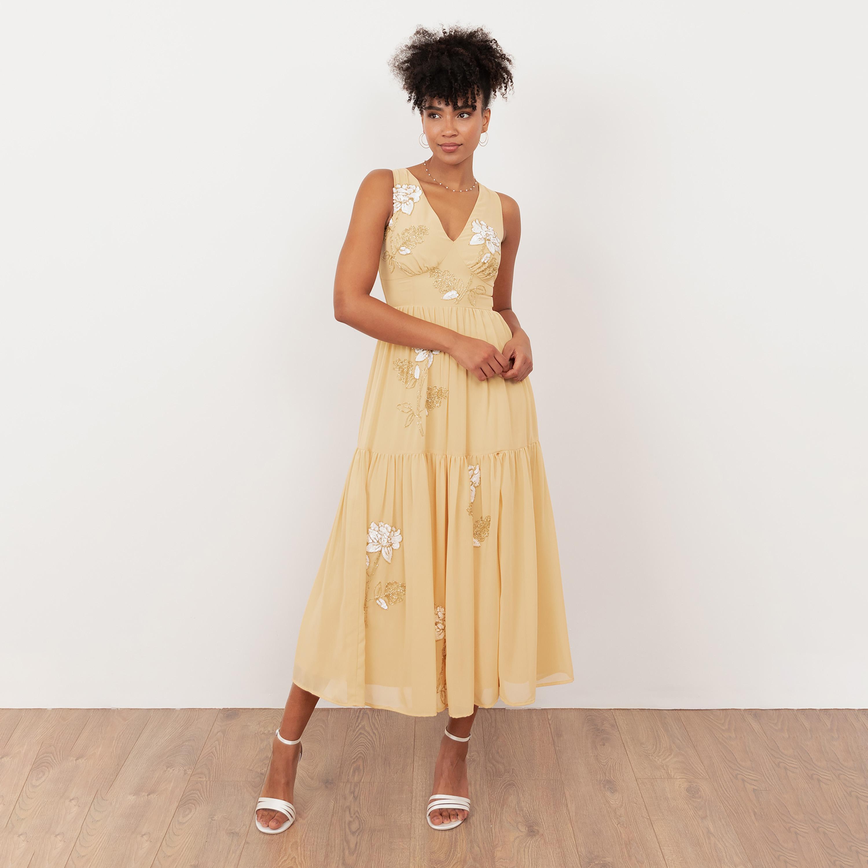 Maya Deluxe Buttercream Sequined & Beaded Georgette Tiered Women's Midi Dress-women-clothing-dresses-image-1