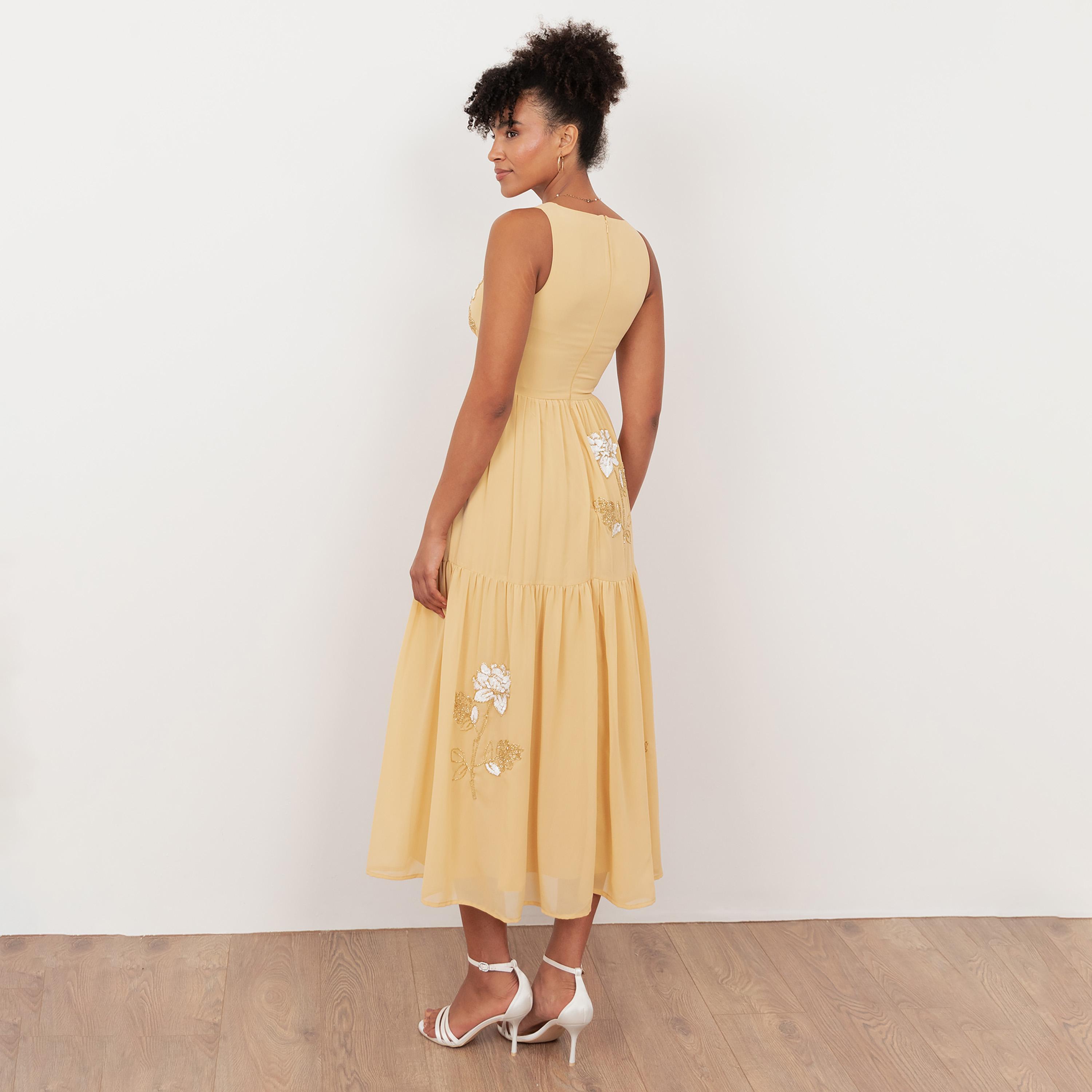 Maya Deluxe Buttercream Sequined & Beaded Georgette Tiered Women's Midi Dress-women-clothing-dresses-image-2