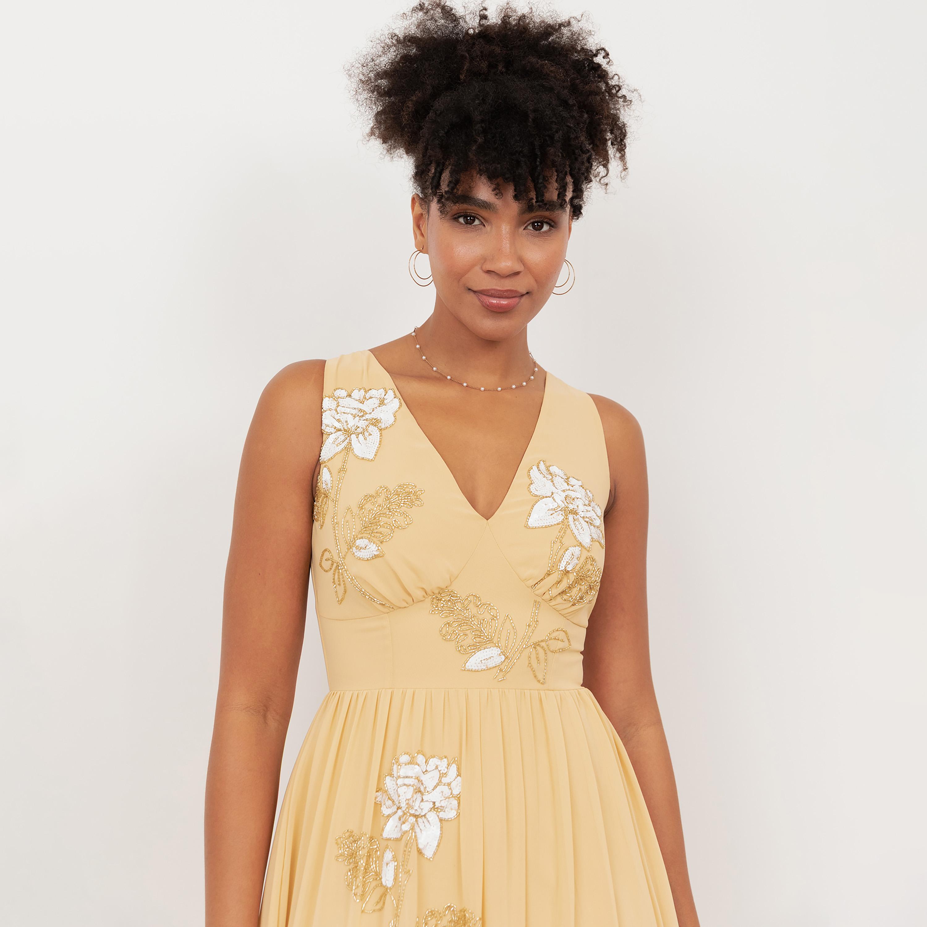 Maya Deluxe Buttercream Sequined & Beaded Georgette Tiered Women's Midi Dress-women-clothing-dresses-image-3