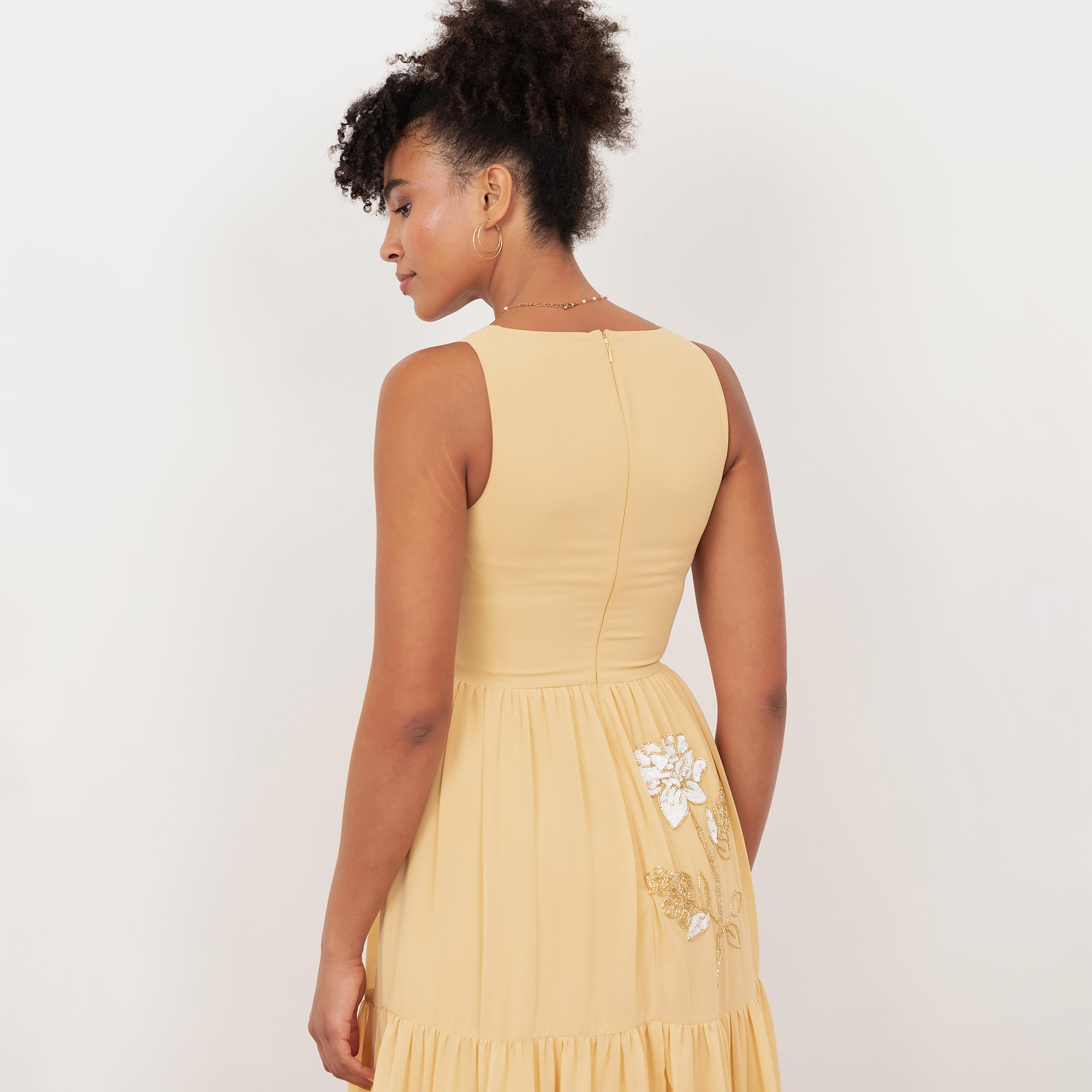 Maya Deluxe Buttercream Sequined & Beaded Georgette Tiered Women's Midi Dress-women-clothing-dresses-image-4