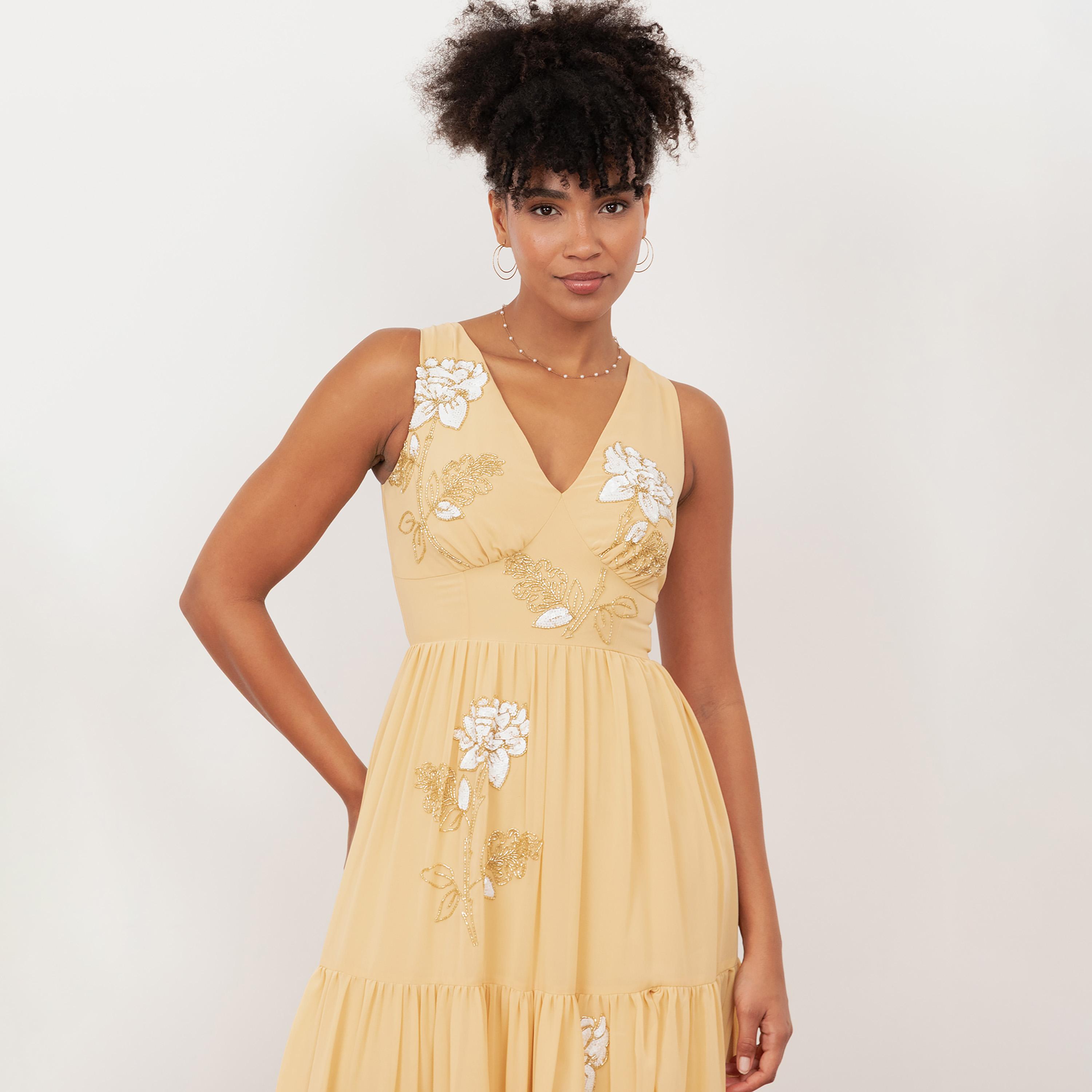 Maya Deluxe Buttercream Sequined & Beaded Georgette Tiered Women's Midi Dress-women-clothing-dresses-image-5