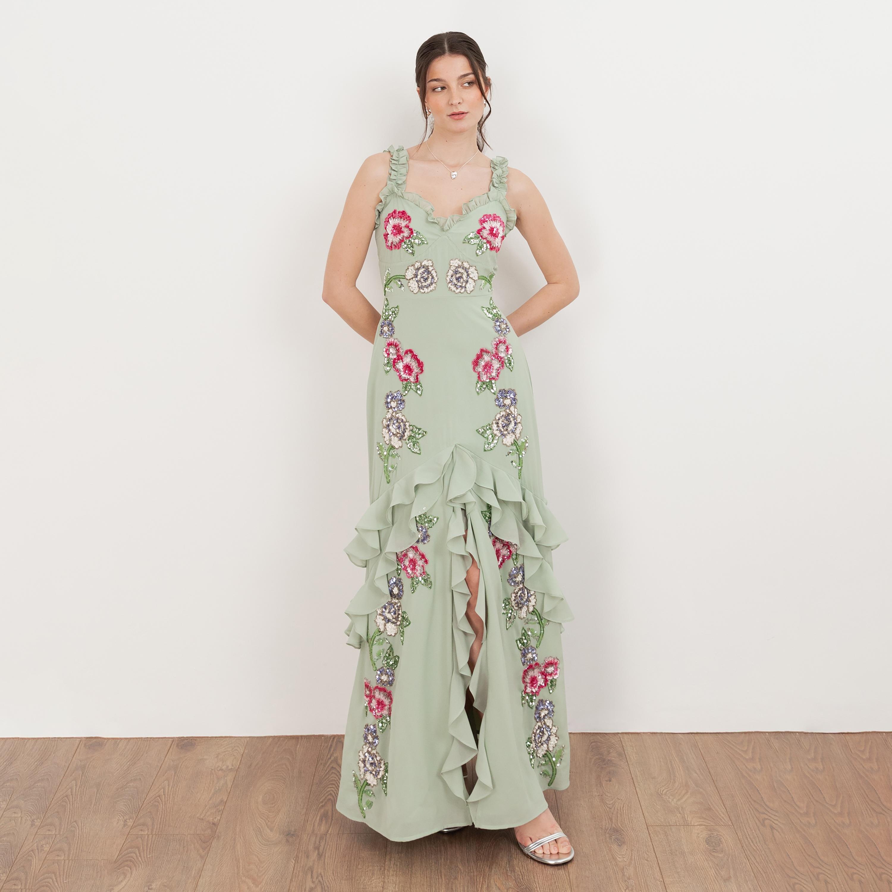 Maya Deluxe Green Lily Sequined Georgette Sweetheart Neck Ruffled Women's Evening Maxi Dress-women-clothing-dresses-image-1