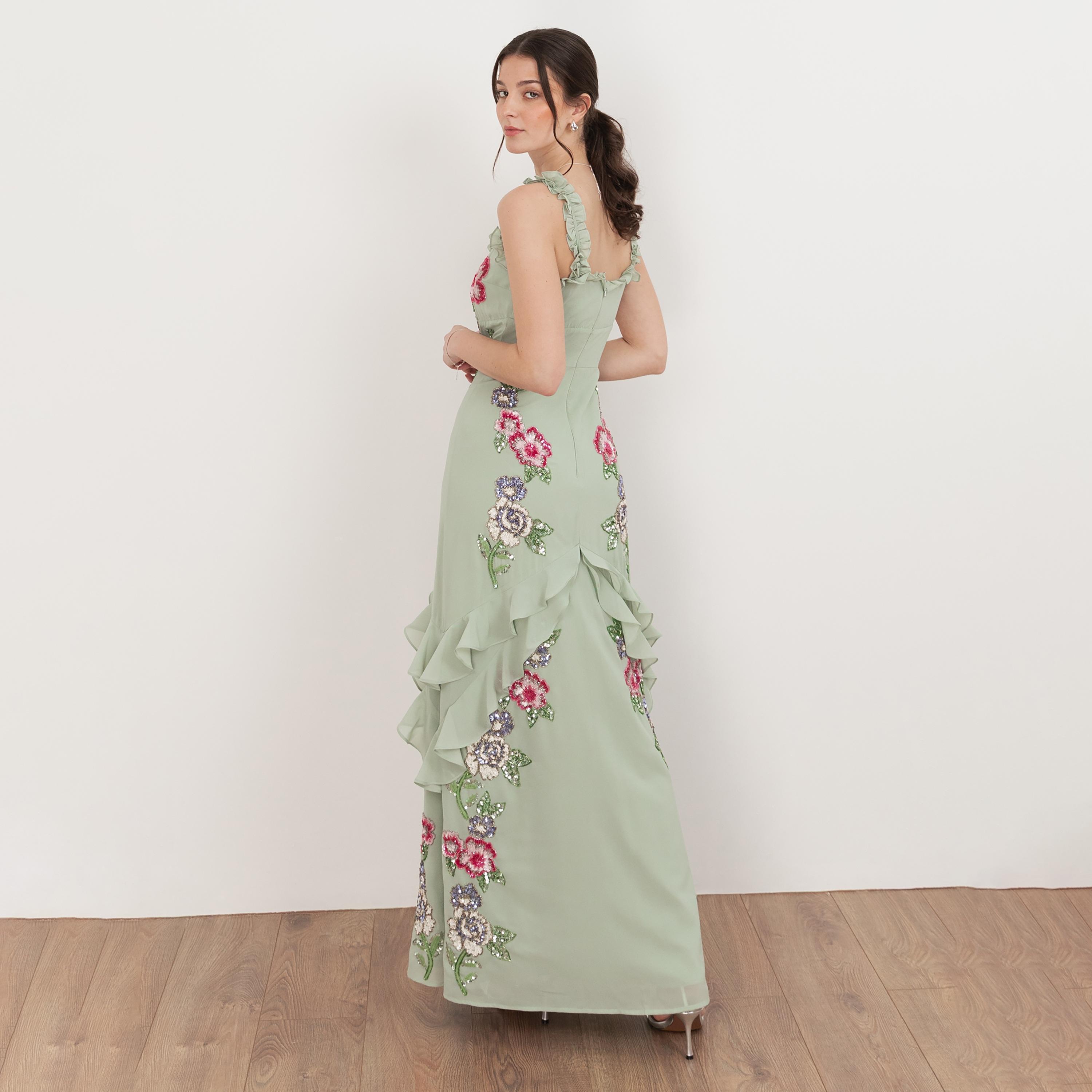 Maya Deluxe Green Lily Sequined Georgette Sweetheart Neck Ruffled Women's Evening Maxi Dress-women-clothing-dresses-image-2