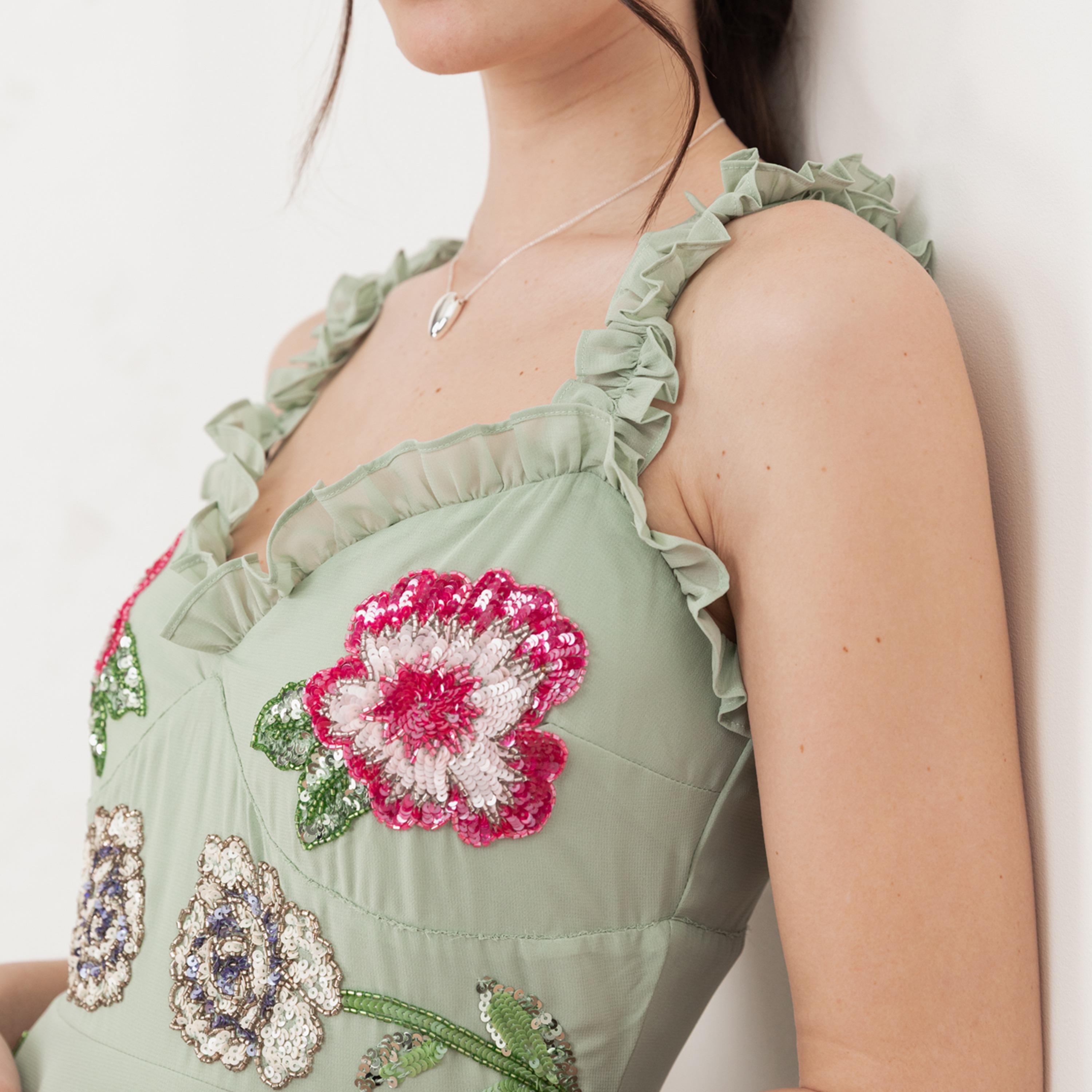 Maya Deluxe Green Lily Sequined Georgette Sweetheart Neck Ruffled Women's Evening Maxi Dress-women-clothing-dresses-image-3