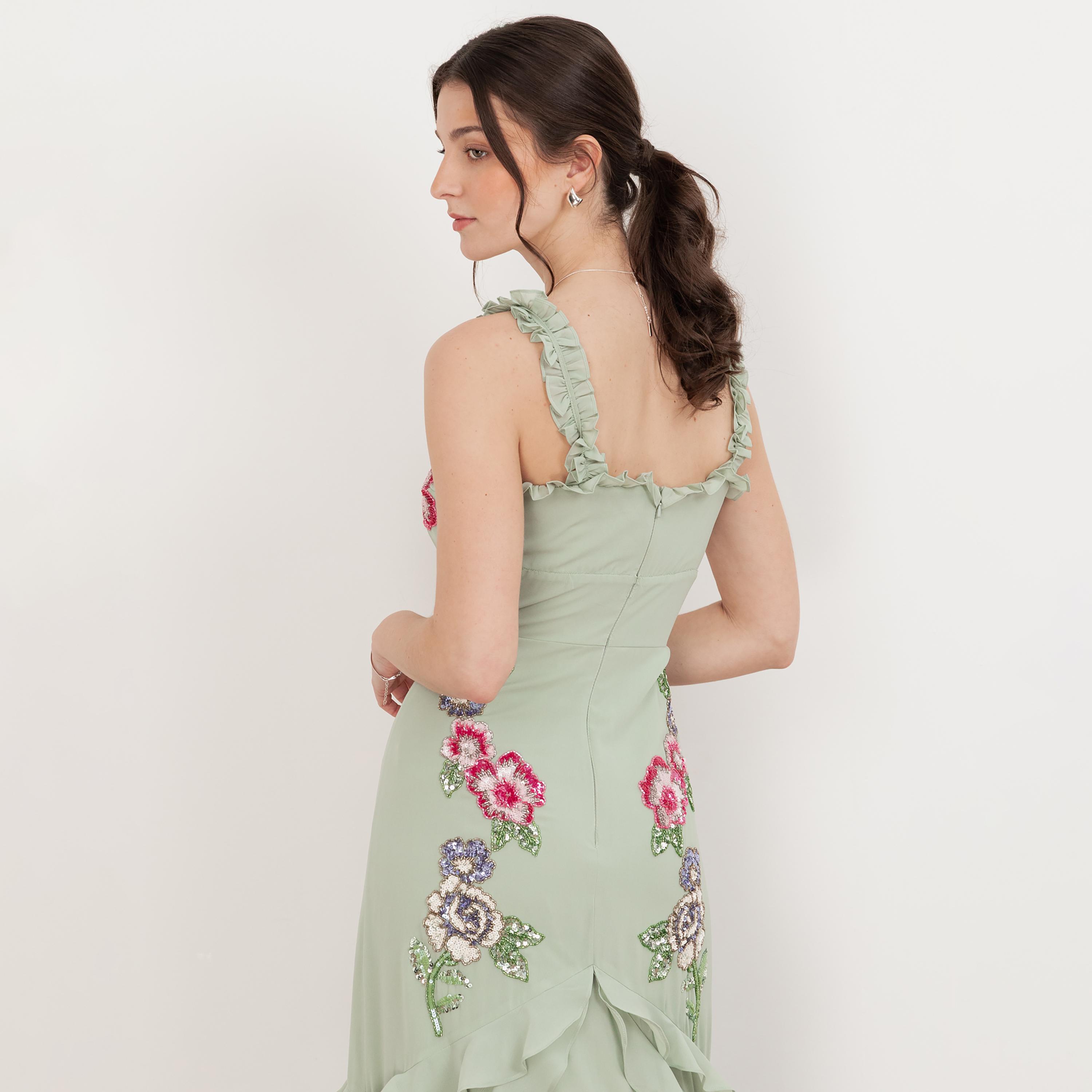 Maya Deluxe Green Lily Sequined Georgette Sweetheart Neck Ruffled Women's Evening Maxi Dress-women-clothing-dresses-image-4