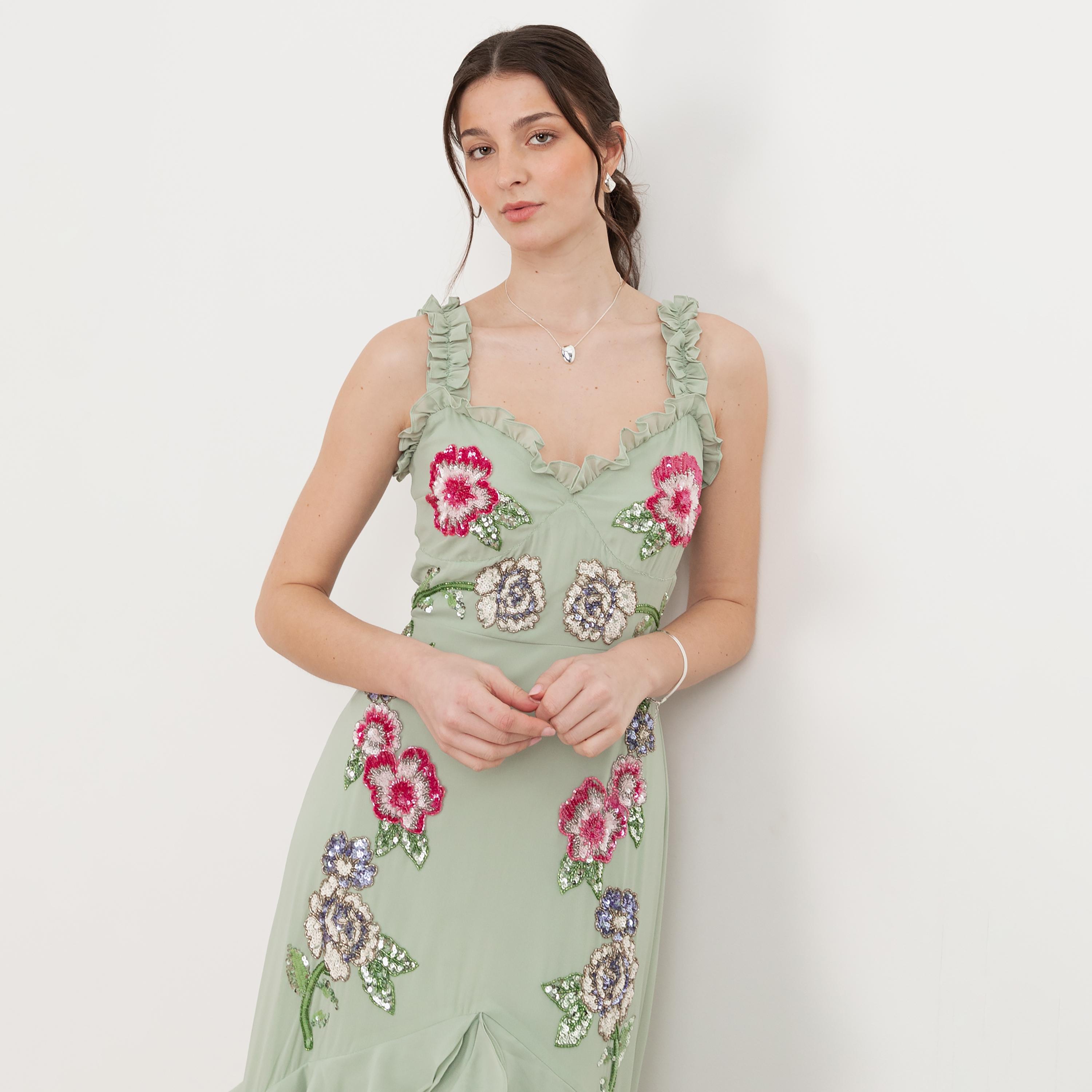 Maya Deluxe Green Lily Sequined Georgette Sweetheart Neck Ruffled Women's Evening Maxi Dress-women-clothing-dresses-image-5