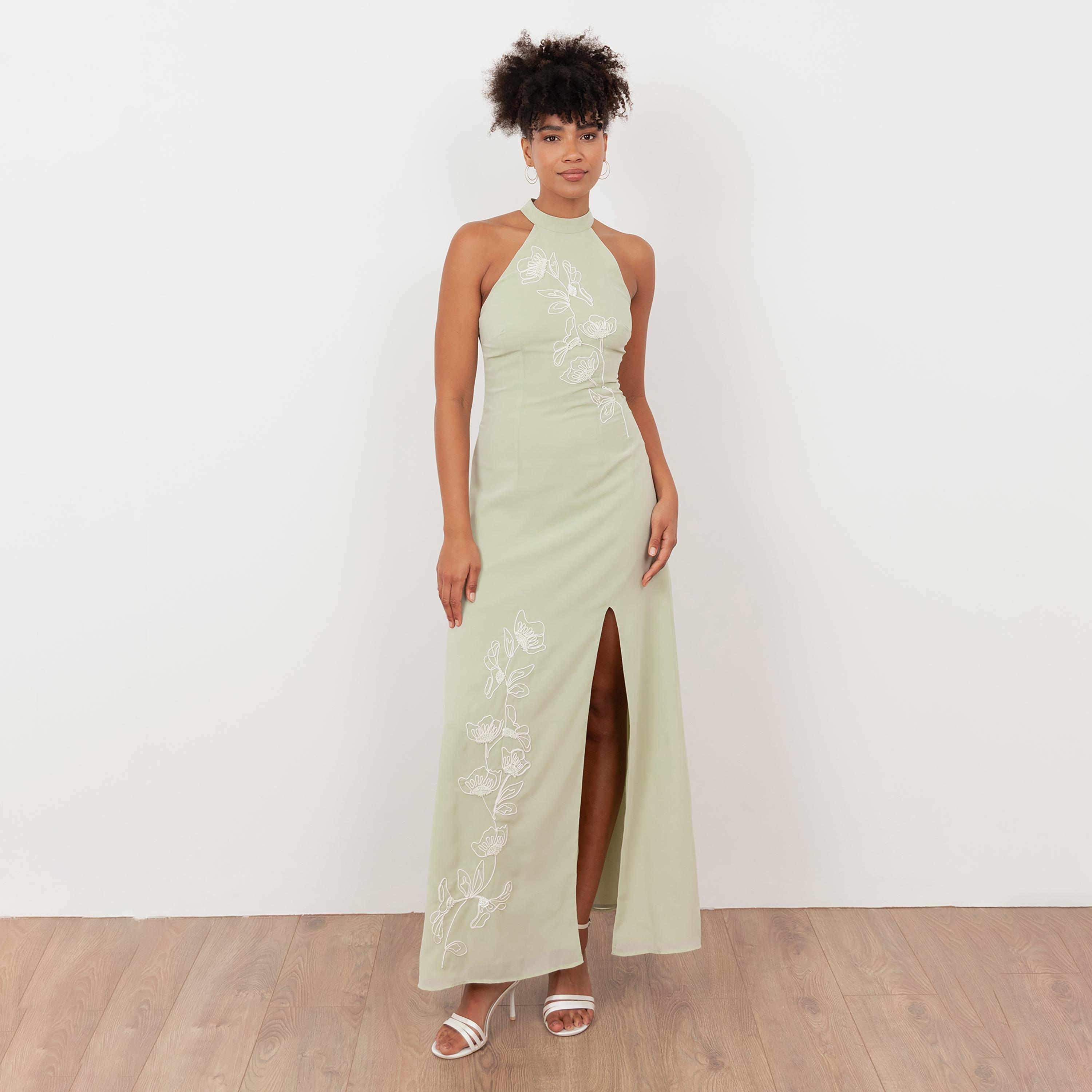 Maya Deluxe Meadow Green Floral Embroidered Georgette Halter Neck Women's Maxi Dress-women-clothing-dresses-image-1