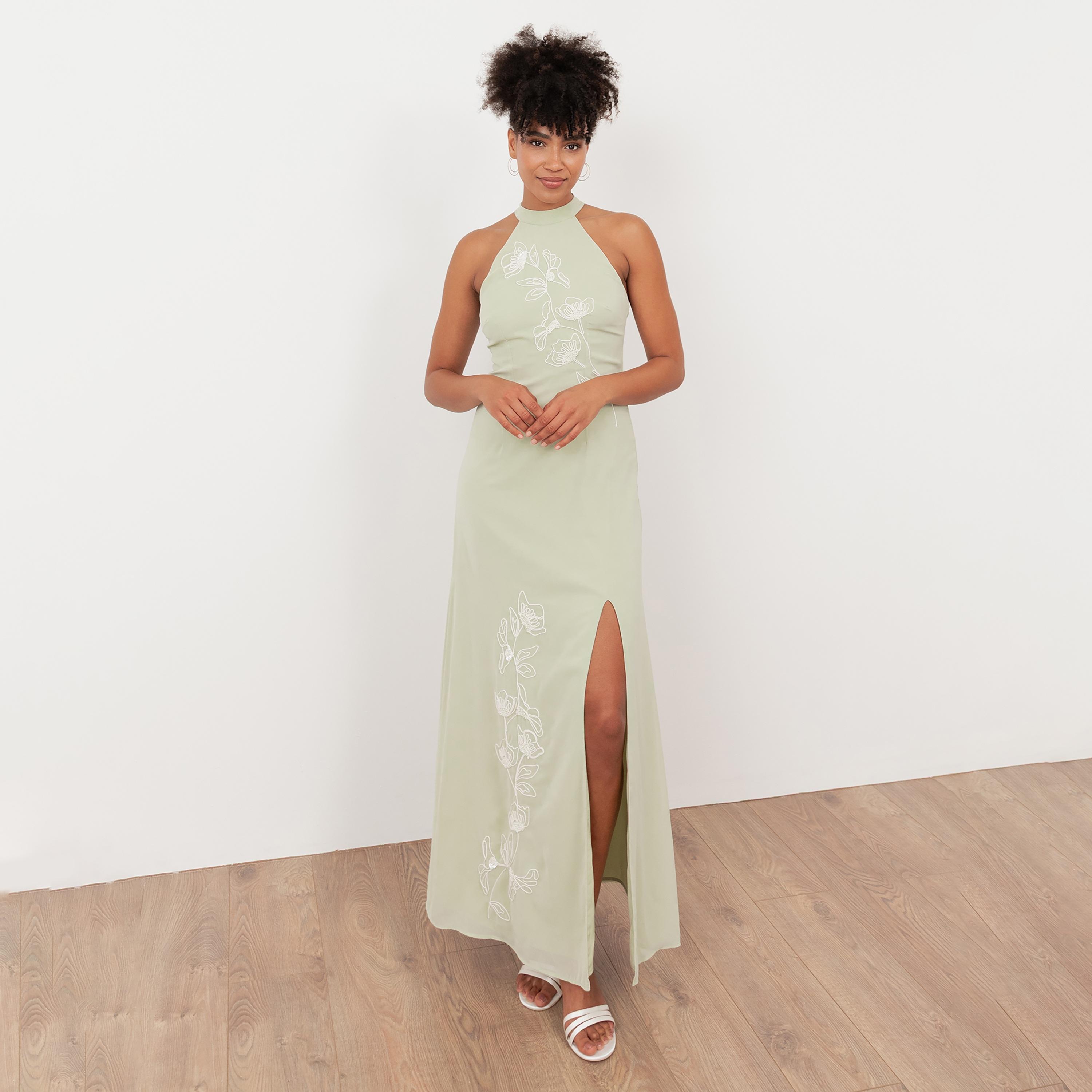 Maya Deluxe Meadow Green Floral Embroidered Georgette Halter Neck Women's Maxi Dress-women-clothing-dresses-image-2