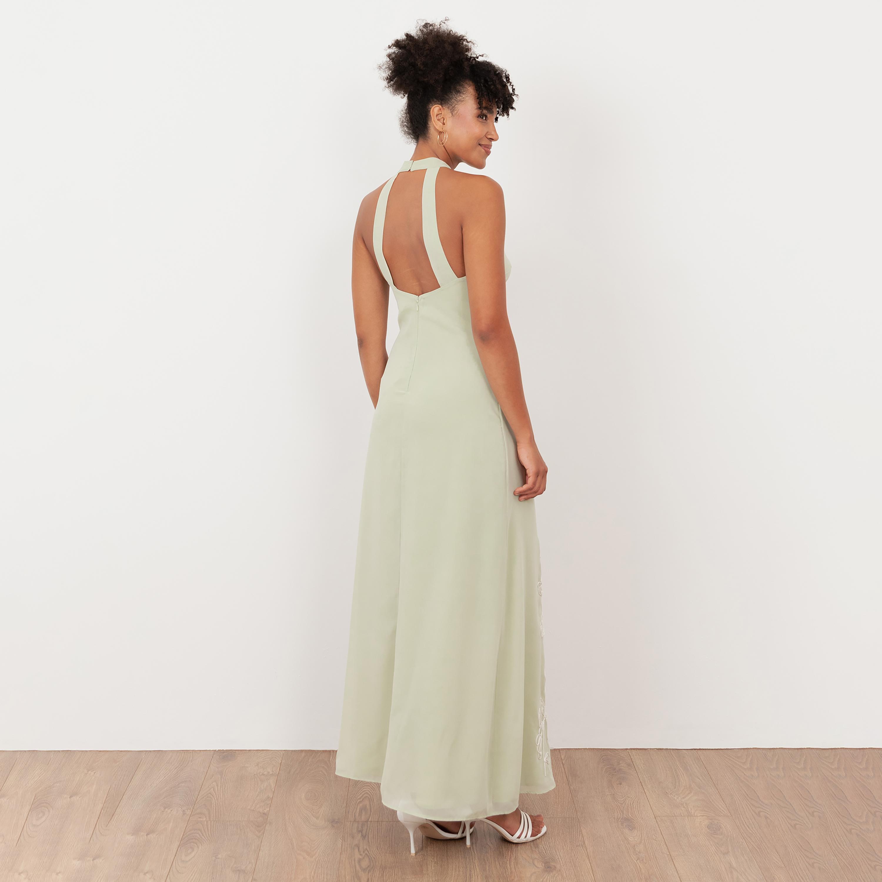 Maya Deluxe Meadow Green Floral Embroidered Georgette Halter Neck Women's Maxi Dress-women-clothing-dresses-image-3