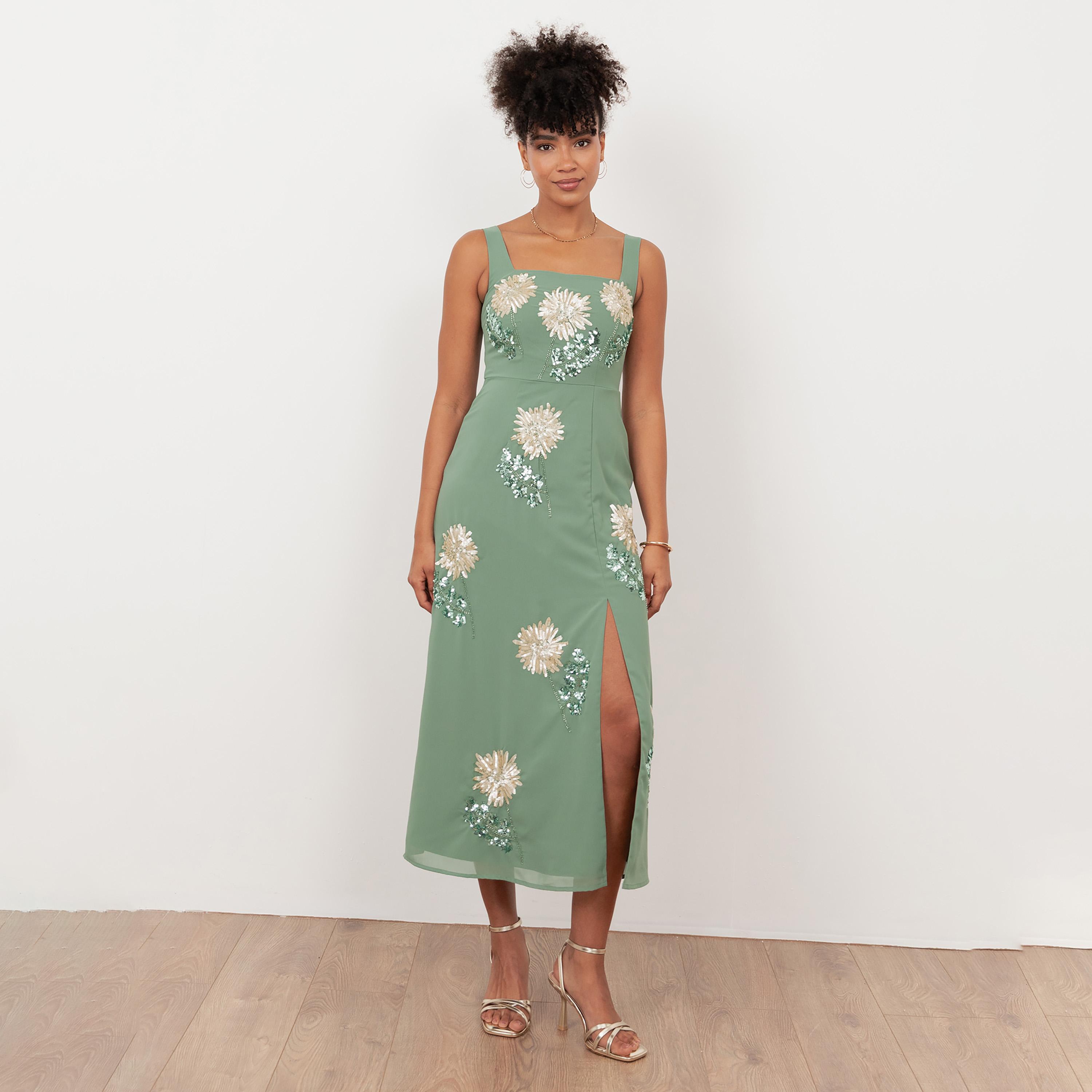 Maya Deluxe Deep Mint Sequined Georgette Square Neck Women's Midi Dress-women-clothing-dresses-image-1