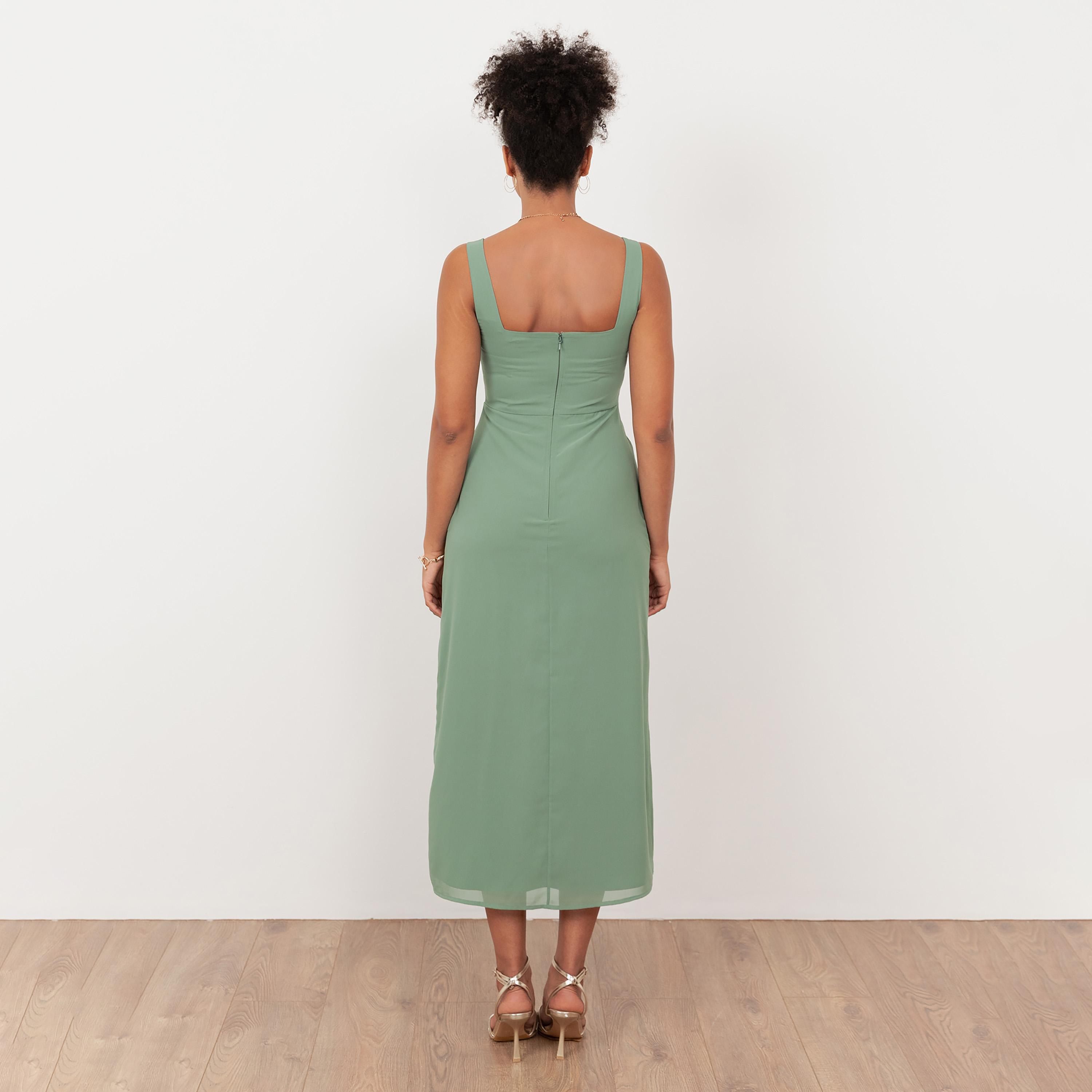 Maya Deluxe Deep Mint Sequined Georgette Square Neck Women's Midi Dress-women-clothing-dresses-image-2