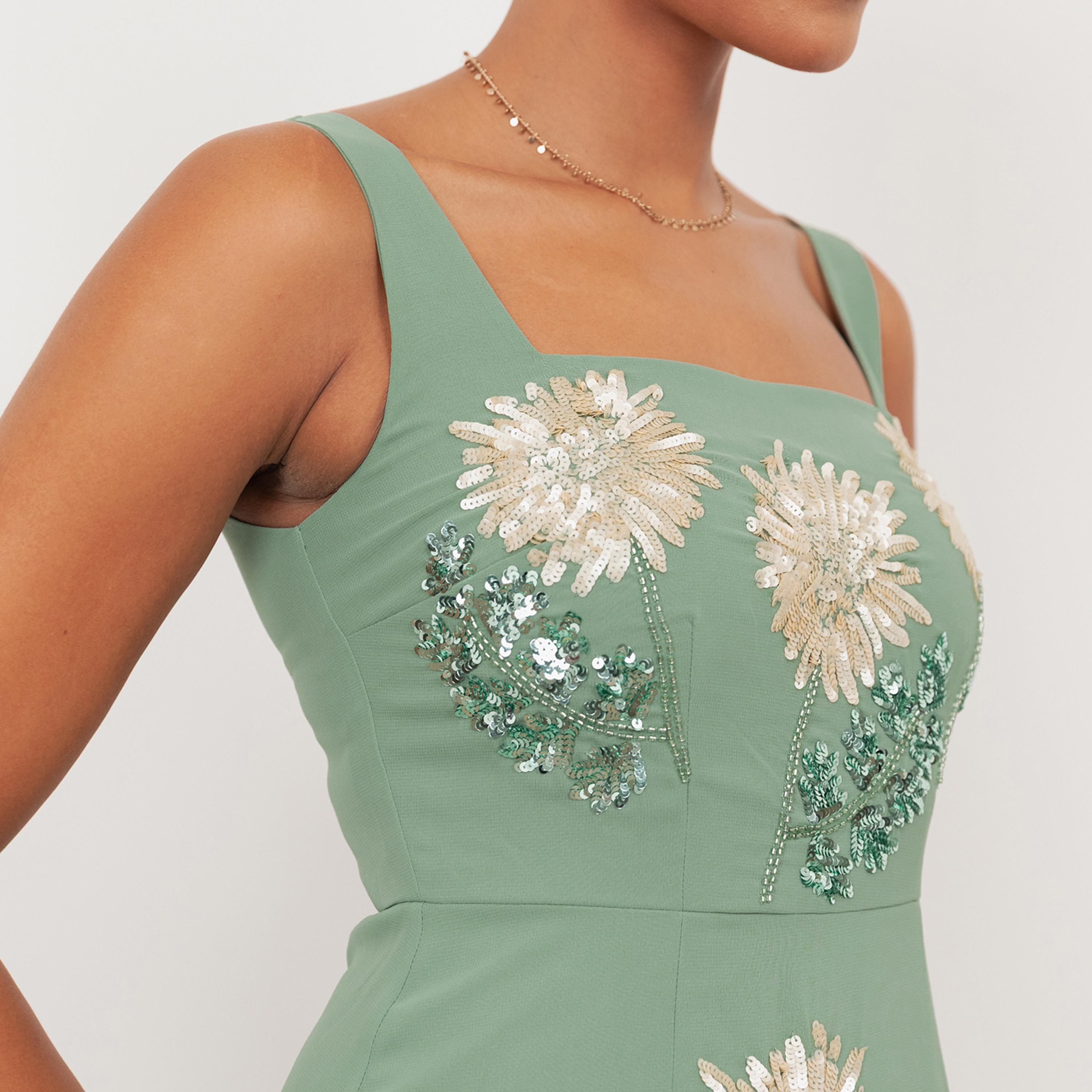 Maya Deluxe Deep Mint Sequined Georgette Square Neck Women's Midi Dress-women-clothing-dresses-image-3
