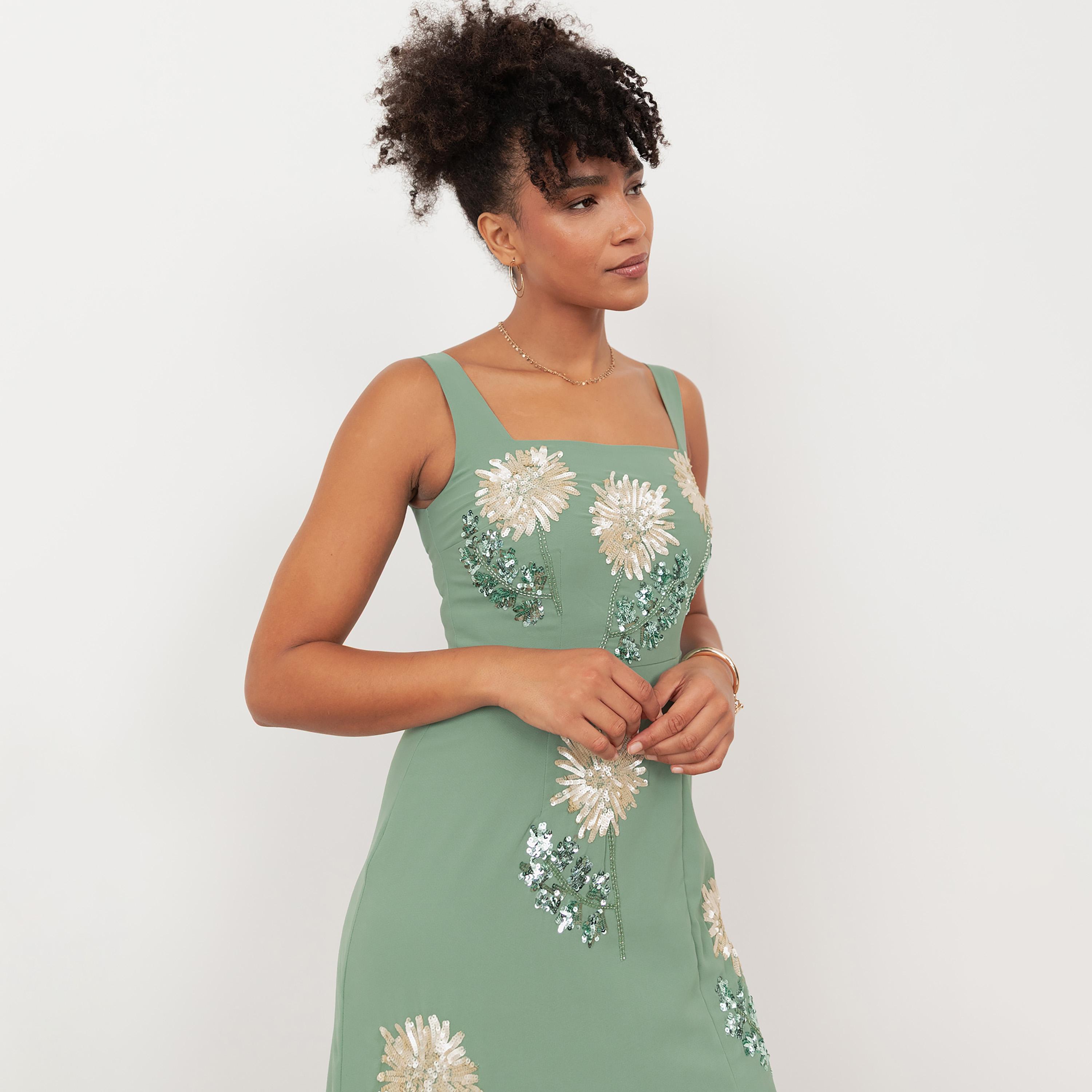 Maya Deluxe Deep Mint Sequined Georgette Square Neck Women's Midi Dress-women-clothing-dresses-image-5