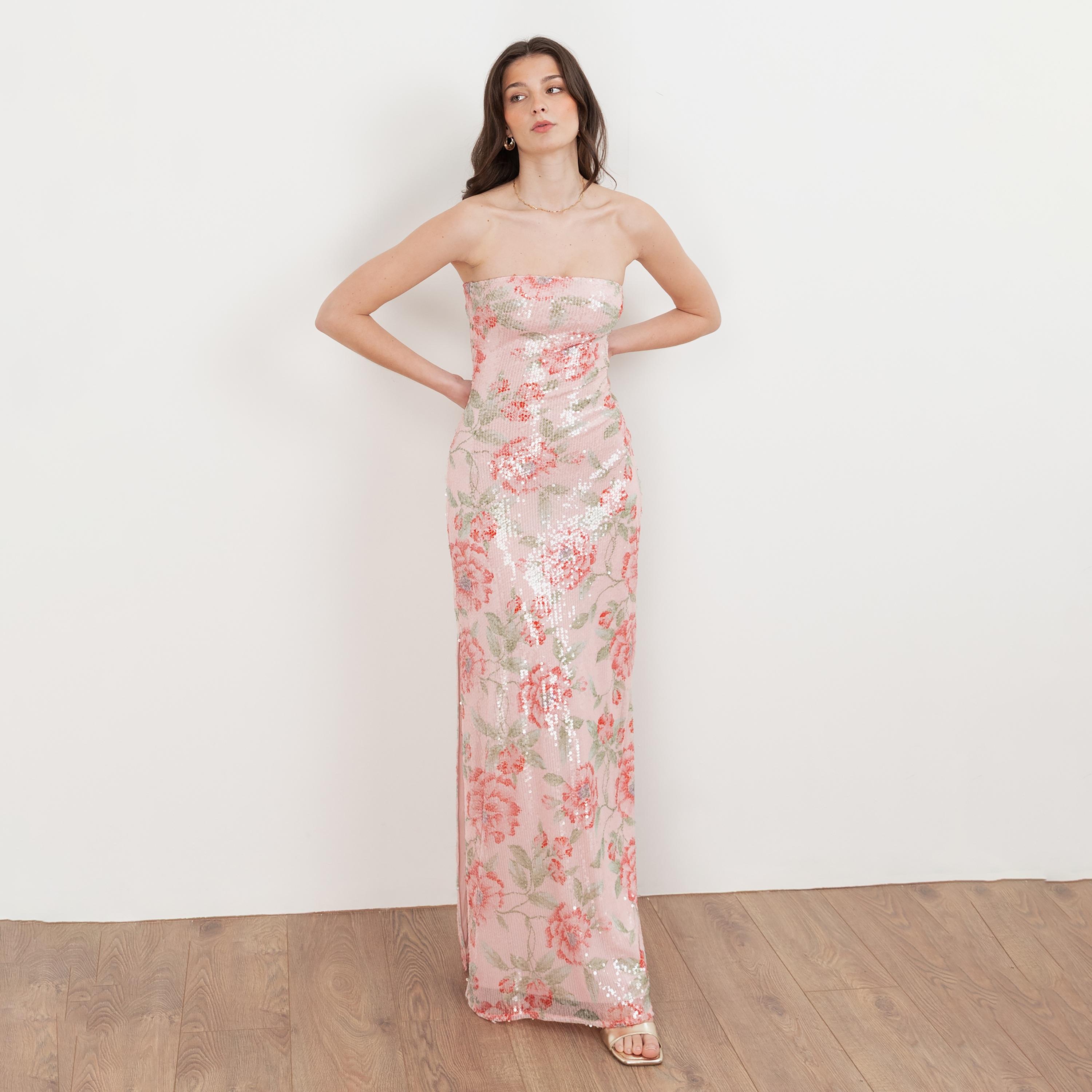 Maya Deluxe Pink Floral Print Sequined Strapless Bandeau Women's Evening Maxi Dress-women-clothing-dresses-image-1