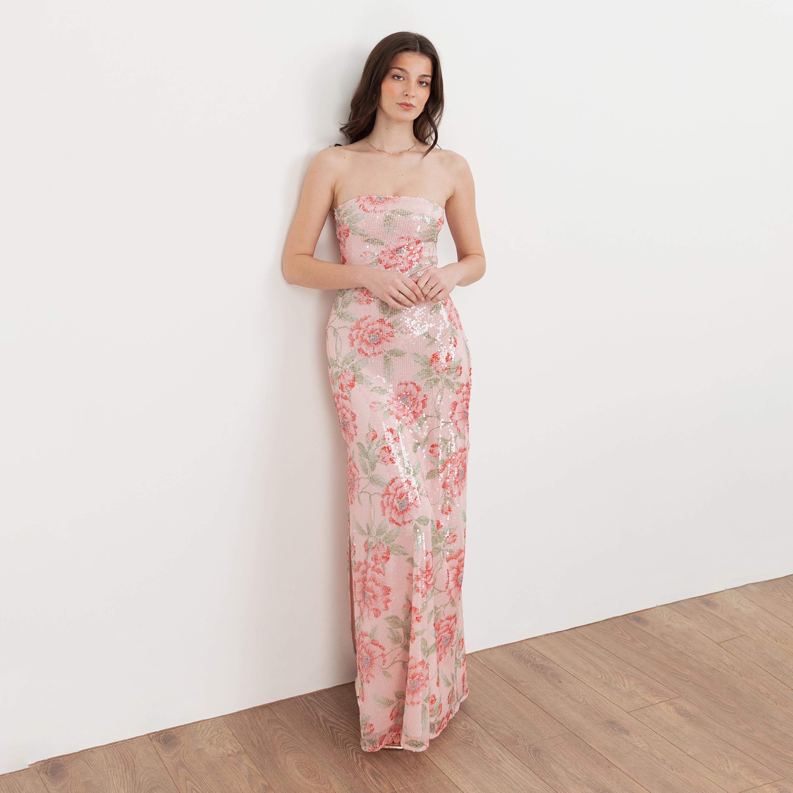 Maya Deluxe Pink Floral Print Sequined Strapless Bandeau Women's Evening Maxi Dress-women-clothing-dresses-image-3