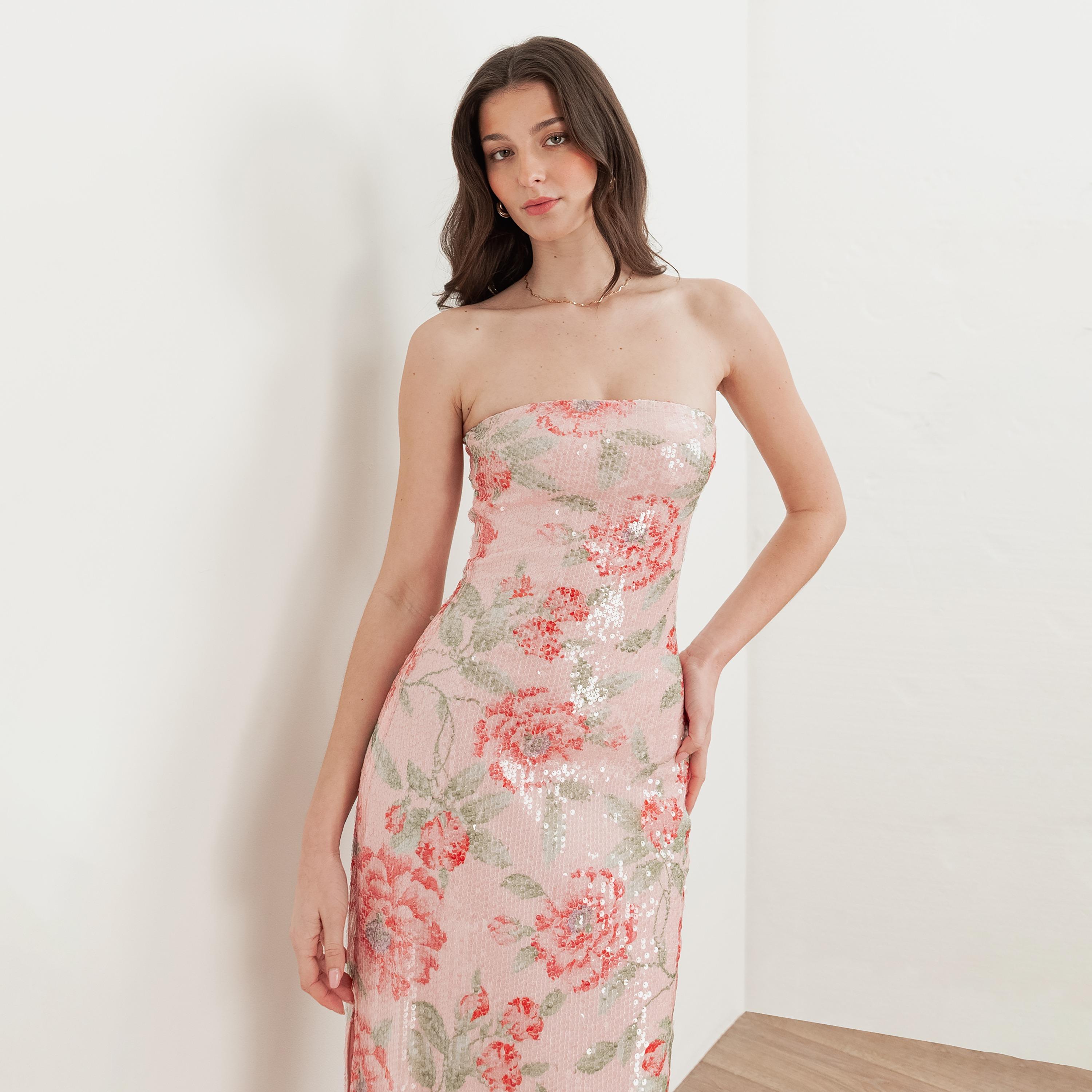 Maya Deluxe Pink Floral Print Sequined Strapless Bandeau Women's Evening Maxi Dress-women-clothing-dresses-image-6