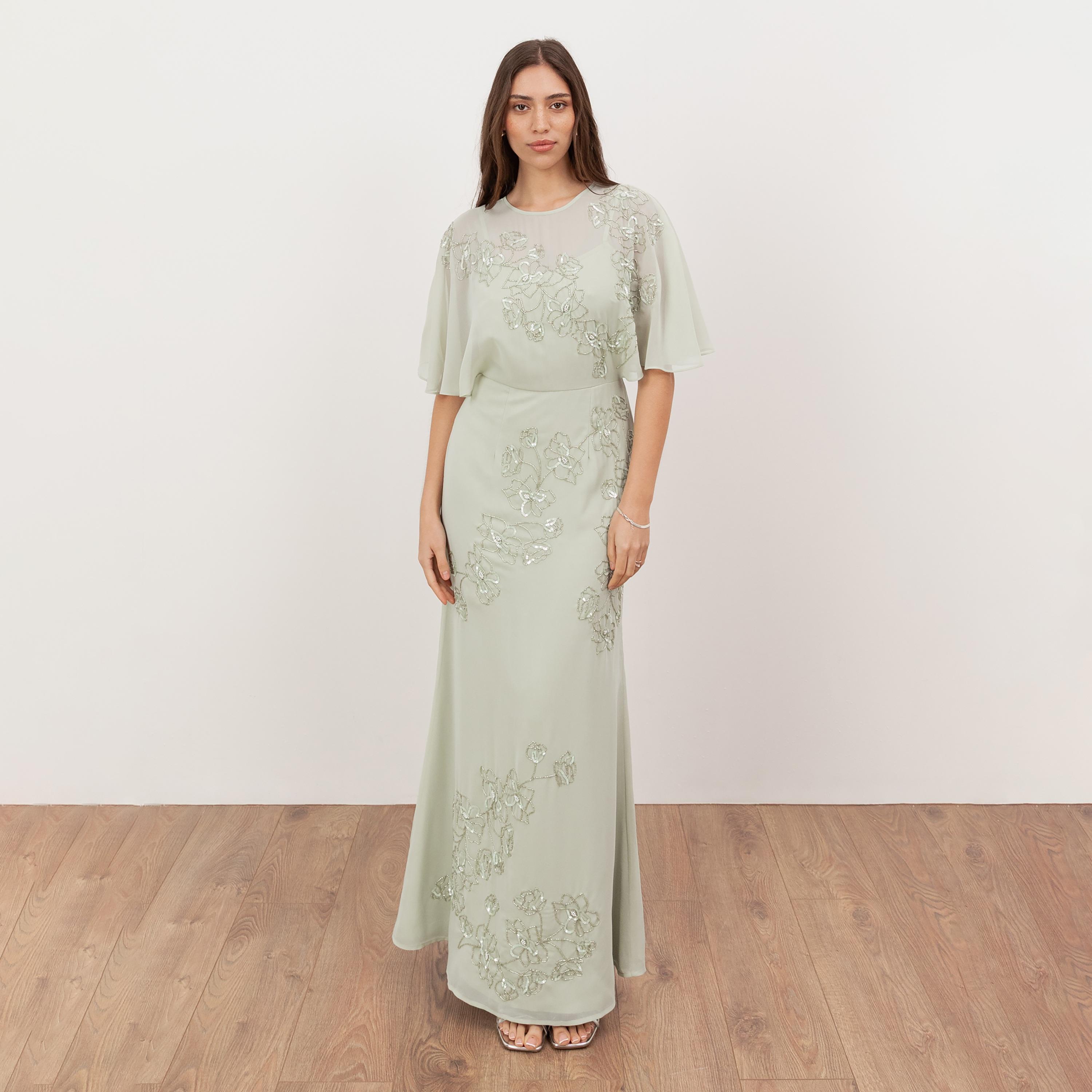 Maya Deluxe Meadow Green Sequined & Beaded Flutter Sleeves Column Women's Evening Maxi Dress-women-clothing-dresses-image-1