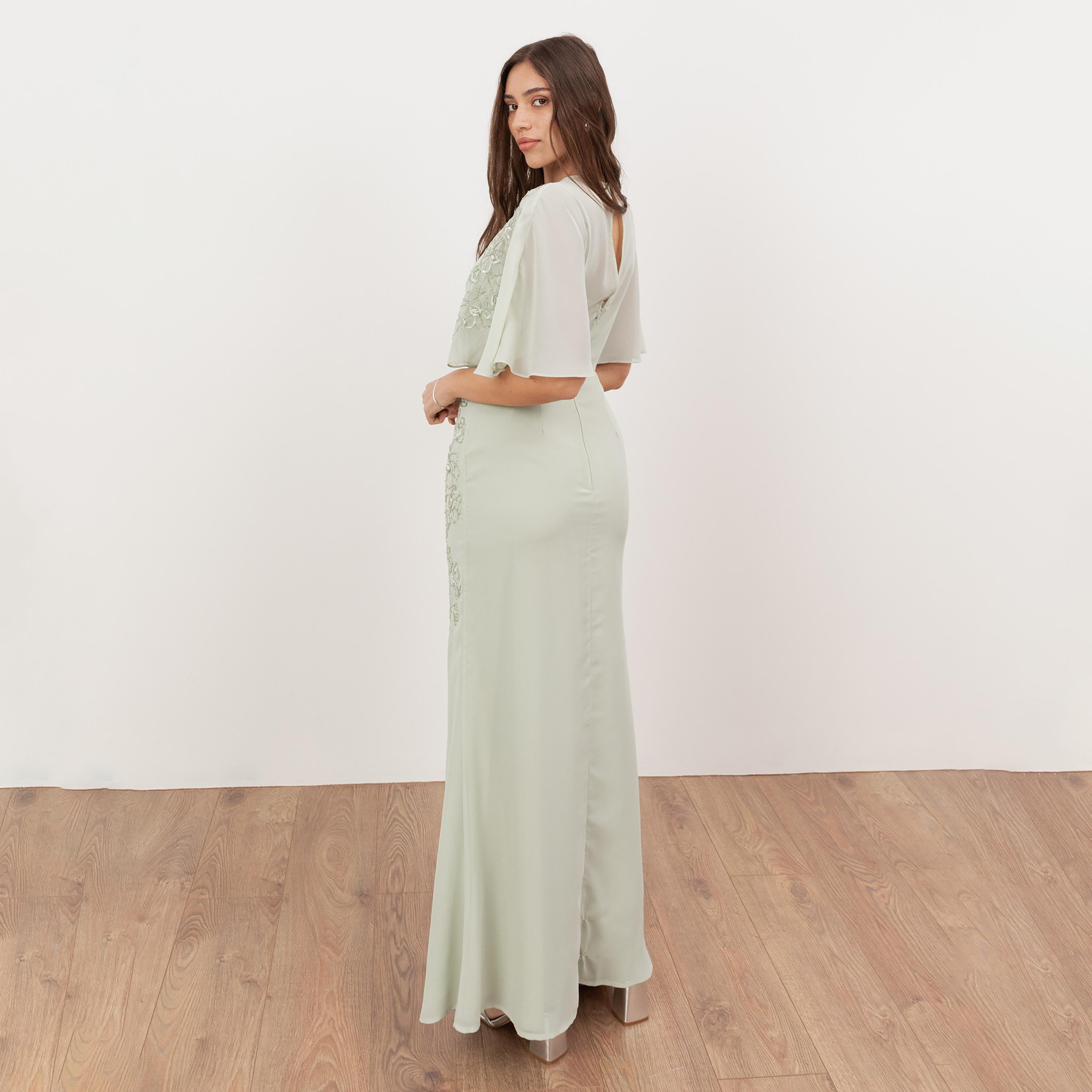 Maya Deluxe Meadow Green Sequined & Beaded Flutter Sleeves Column Women's Evening Maxi Dress-women-clothing-dresses-image-2