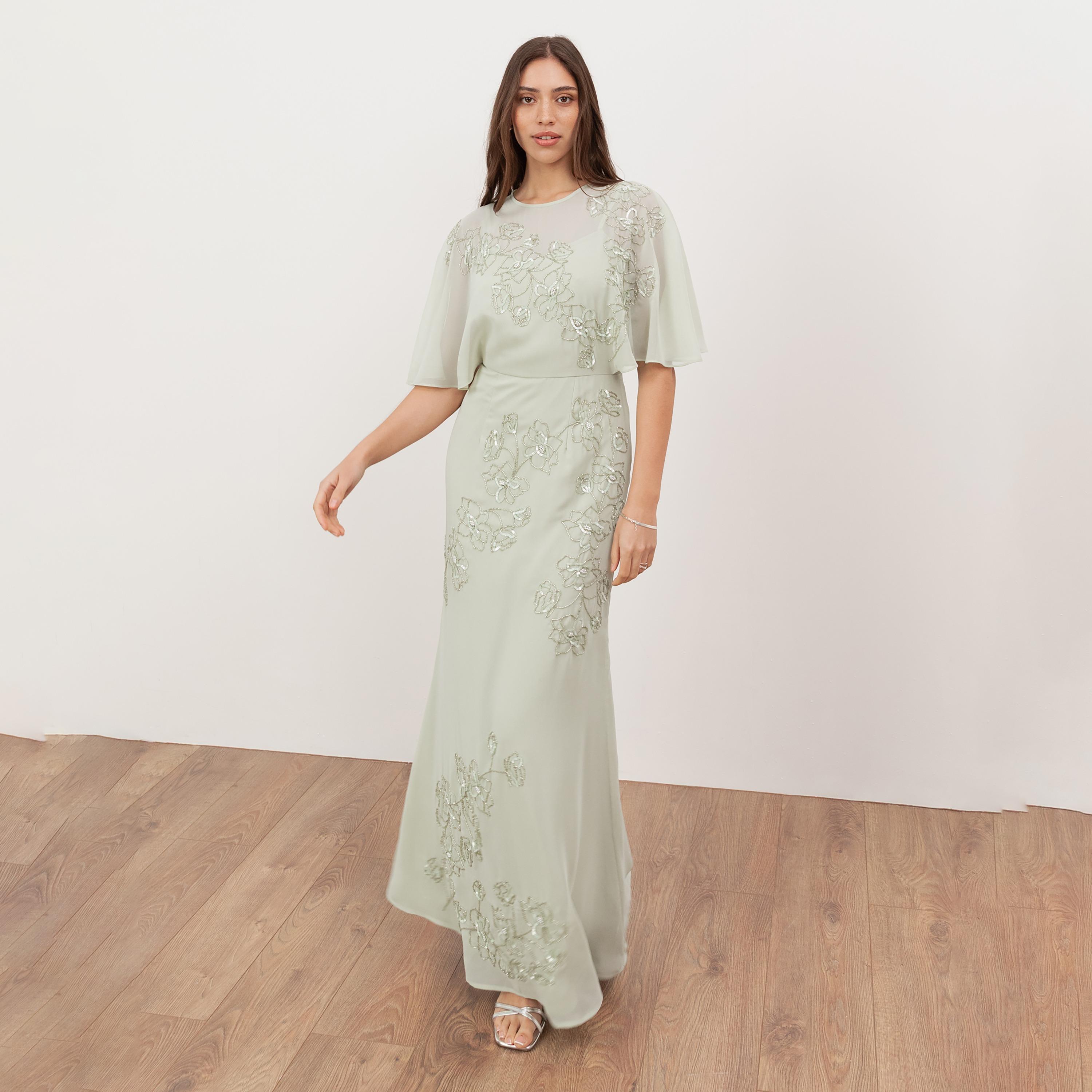 Maya Deluxe Meadow Green Sequined & Beaded Flutter Sleeves Column Women's Evening Maxi Dress-women-clothing-dresses-image-3