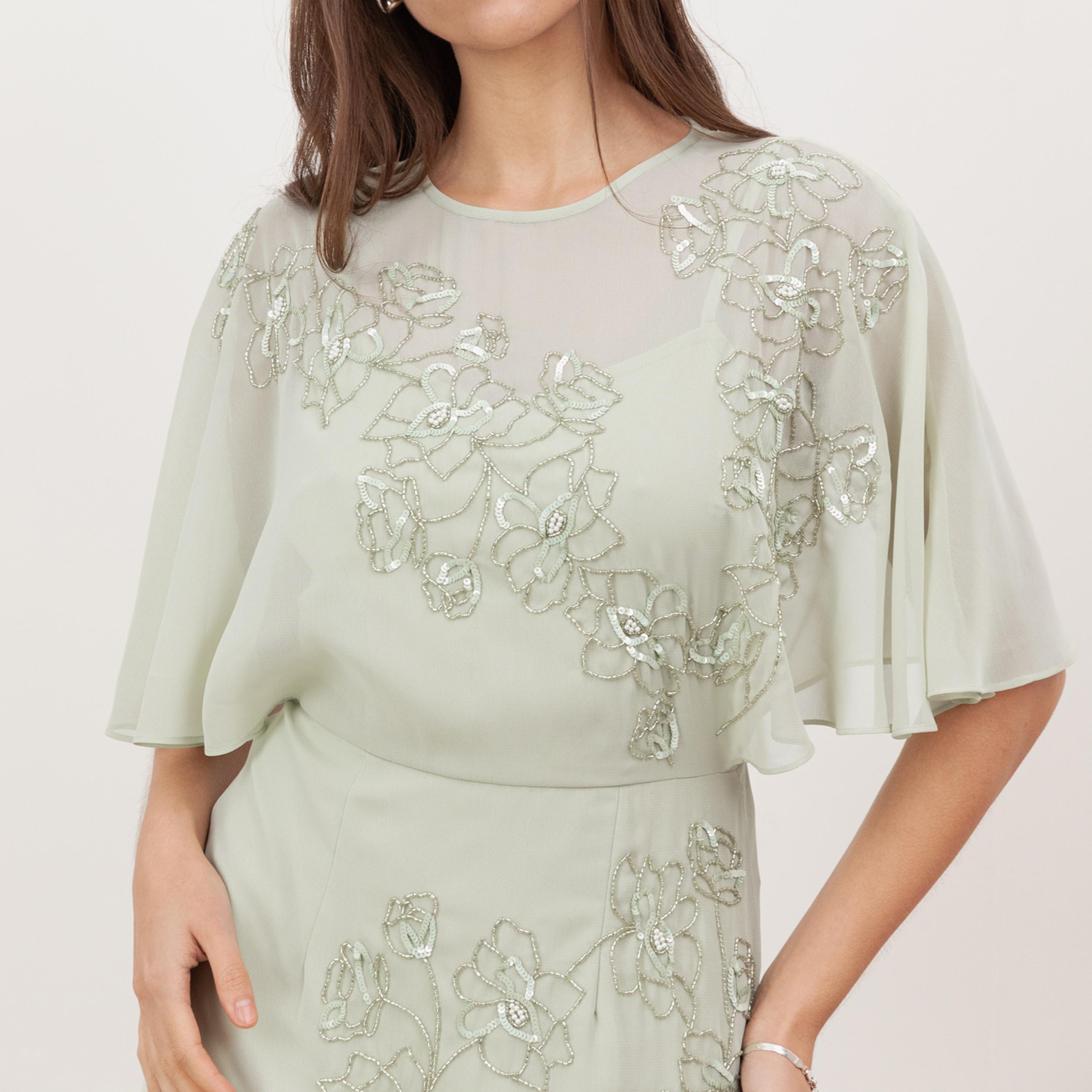 Maya Deluxe Meadow Green Sequined & Beaded Flutter Sleeves Column Women's Evening Maxi Dress-women-clothing-dresses-image-4