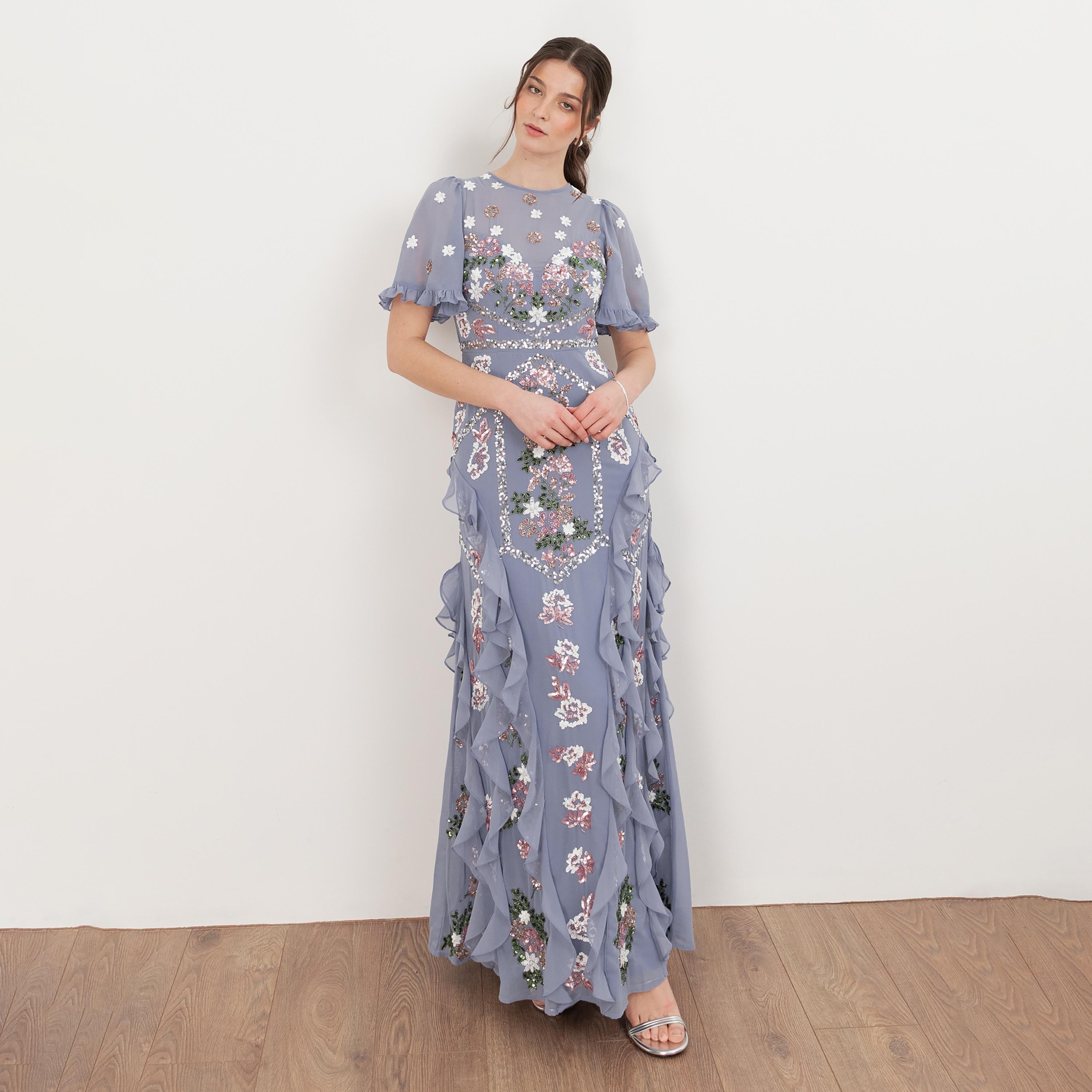 Maya Deluxe Wisteria Blue Sequined Ruffle Detail Sleeves Ruffled Women's Evening Maxi Dress-women-clothing-dresses-image-1