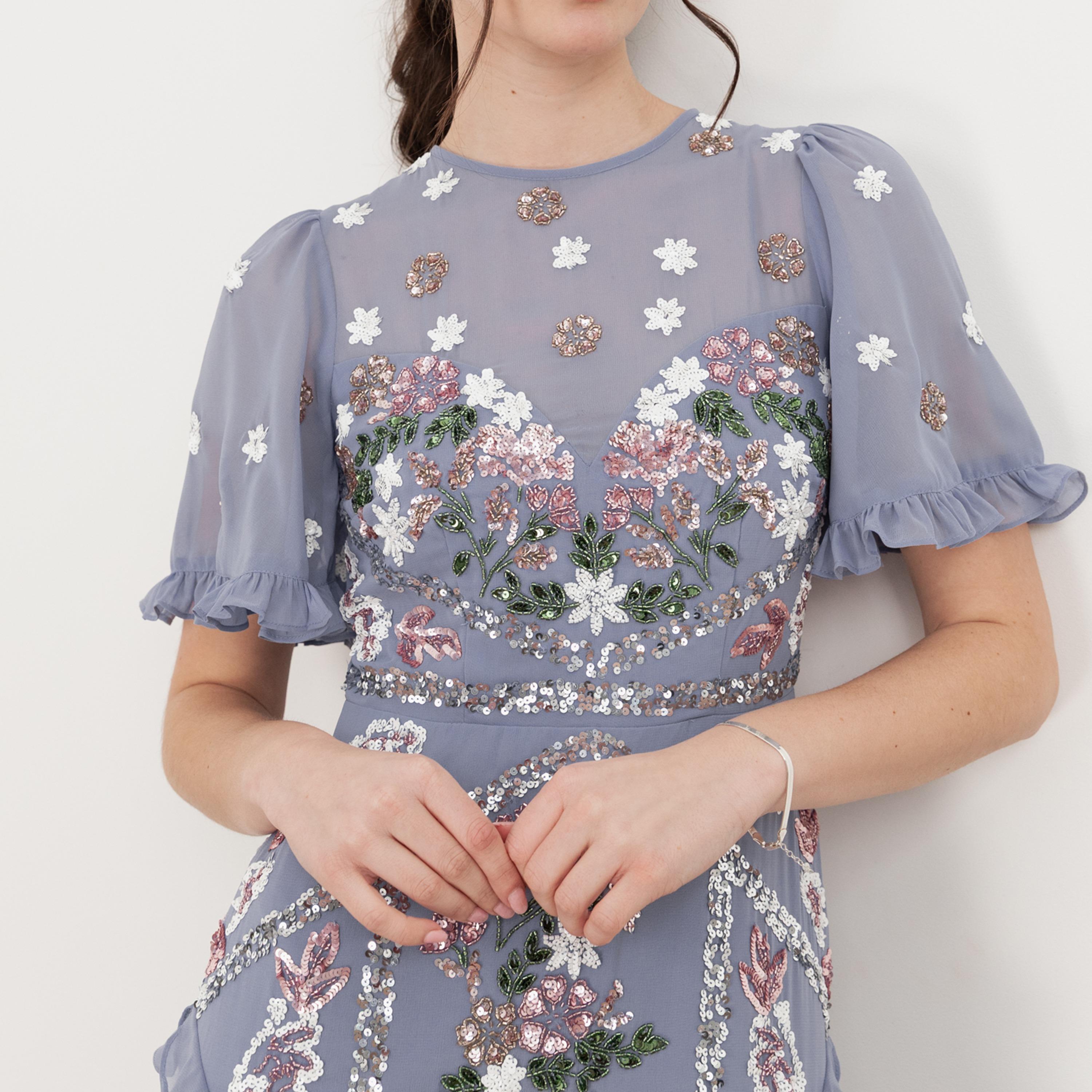 Maya Deluxe Wisteria Blue Sequined Ruffle Detail Sleeves Ruffled Women's Evening Maxi Dress-women-clothing-dresses-image-3
