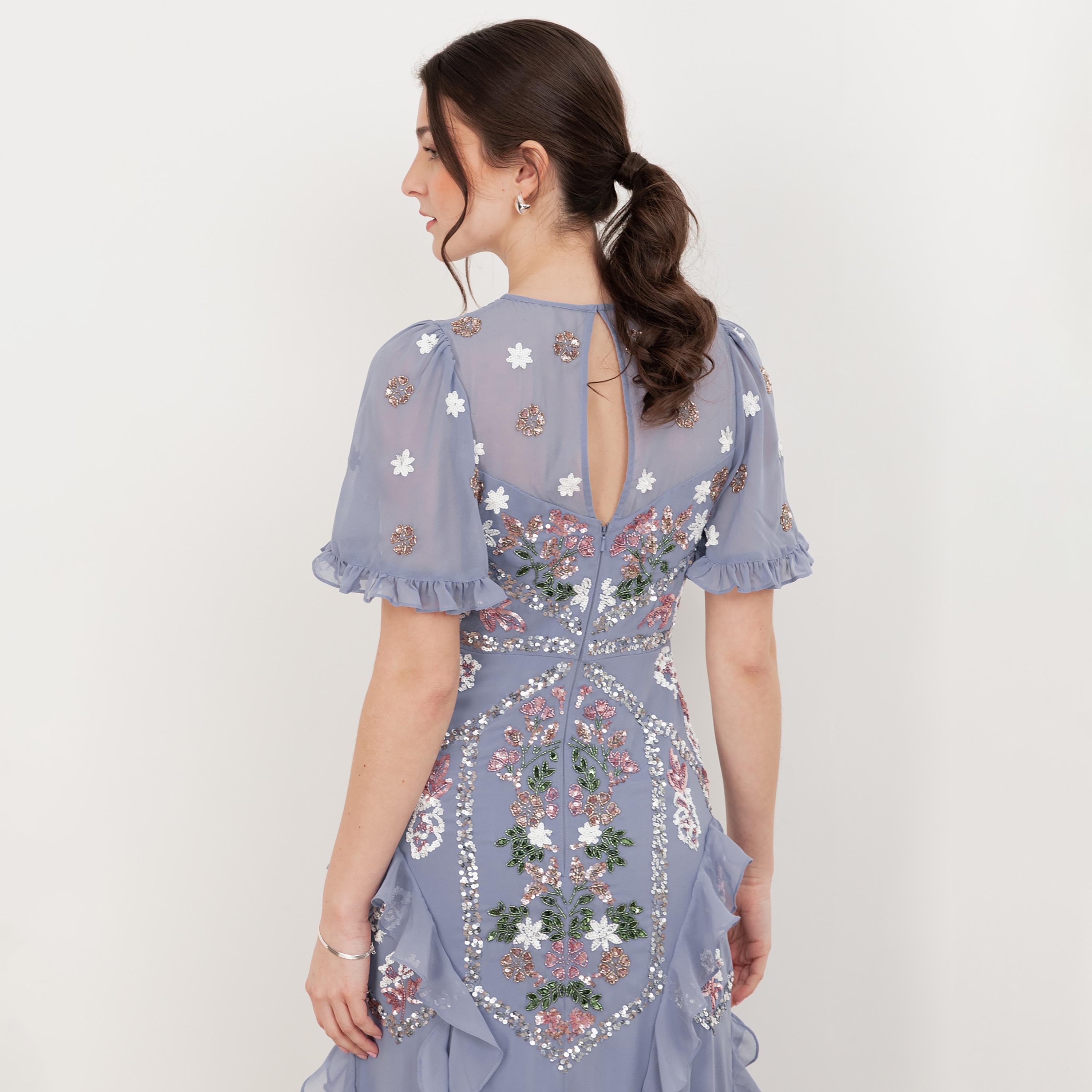 Maya Deluxe Wisteria Blue Sequined Ruffle Detail Sleeves Ruffled Women's Evening Maxi Dress-women-clothing-dresses-image-4
