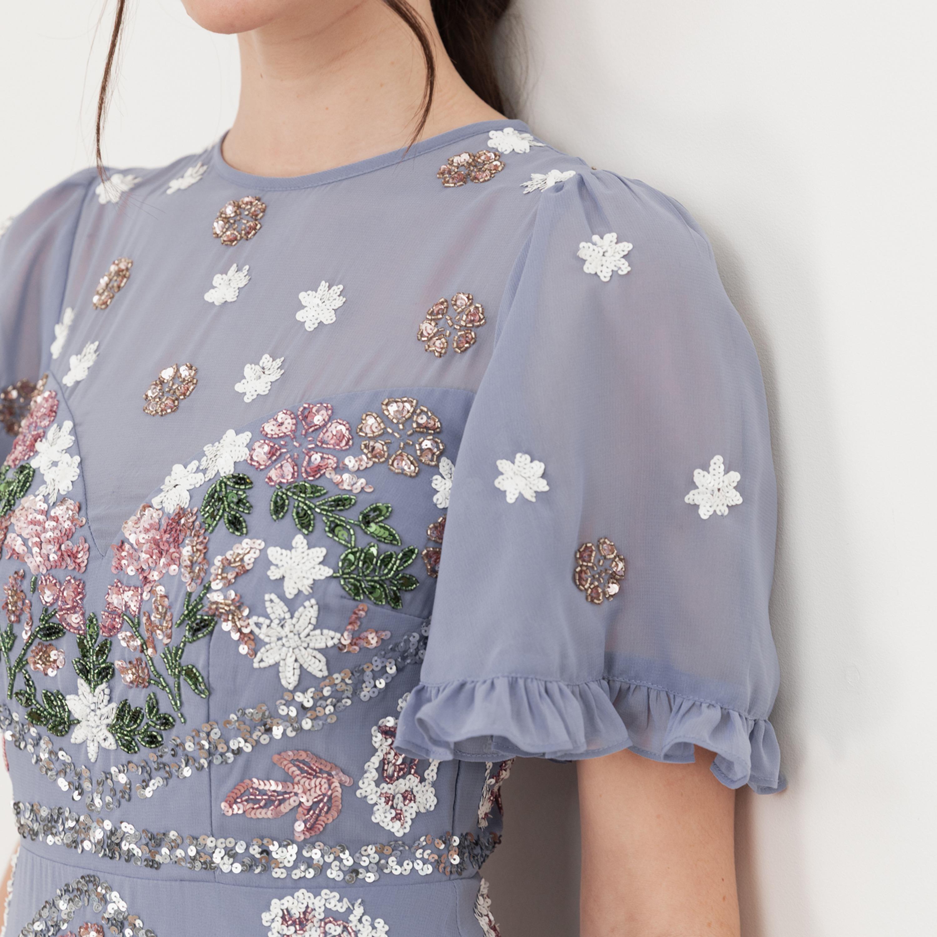 Maya Deluxe Wisteria Blue Sequined Ruffle Detail Sleeves Ruffled Women's Evening Maxi Dress-women-clothing-dresses-image-5