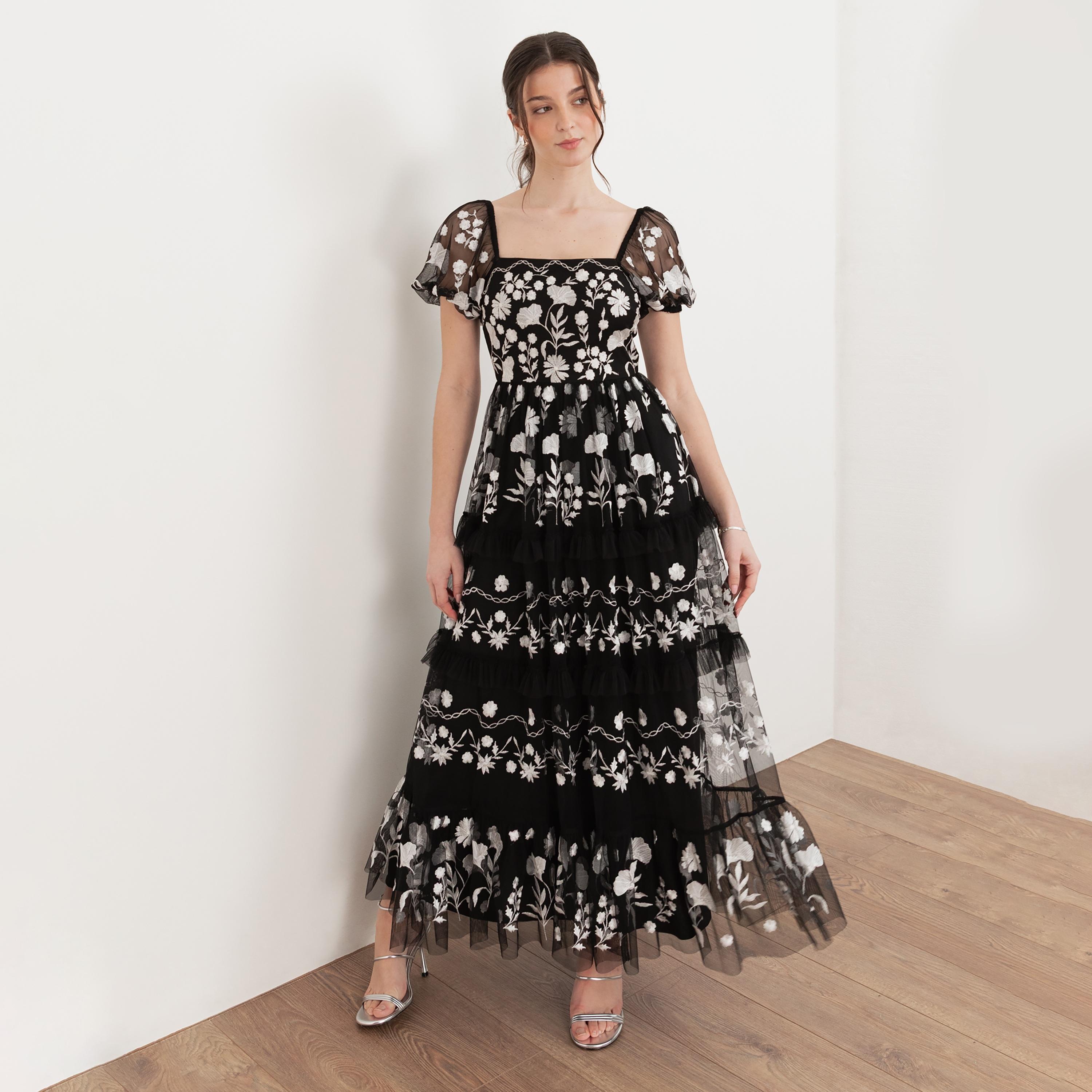 Maya Deluxe Black Embroidered Tulle Square Neck Puff Sleeves Tiered Women's Evening Maxi Dress-women-clothing-dresses-image-1