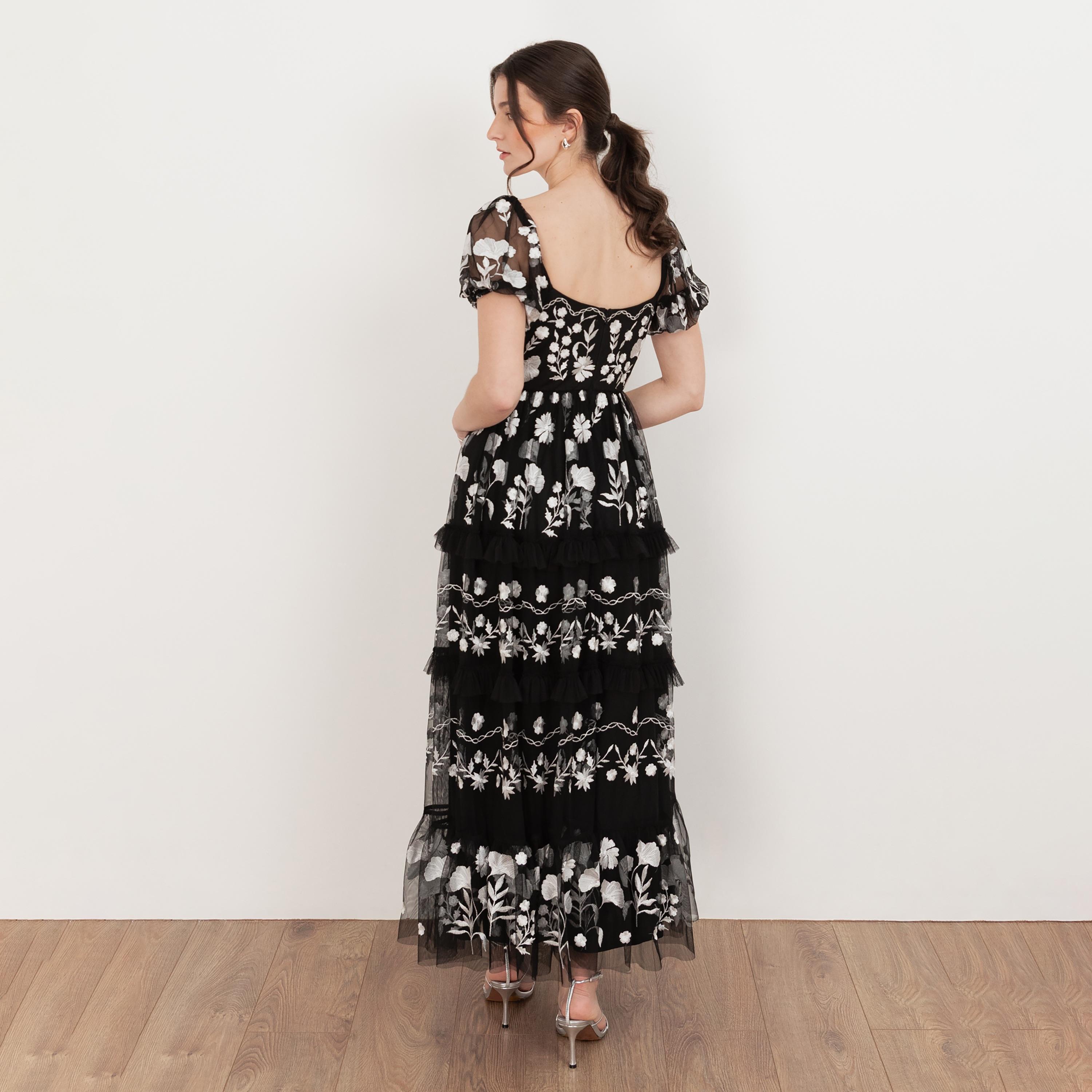 Maya Deluxe Black Embroidered Tulle Square Neck Puff Sleeves Tiered Women's Evening Maxi Dress-women-clothing-dresses-image-2