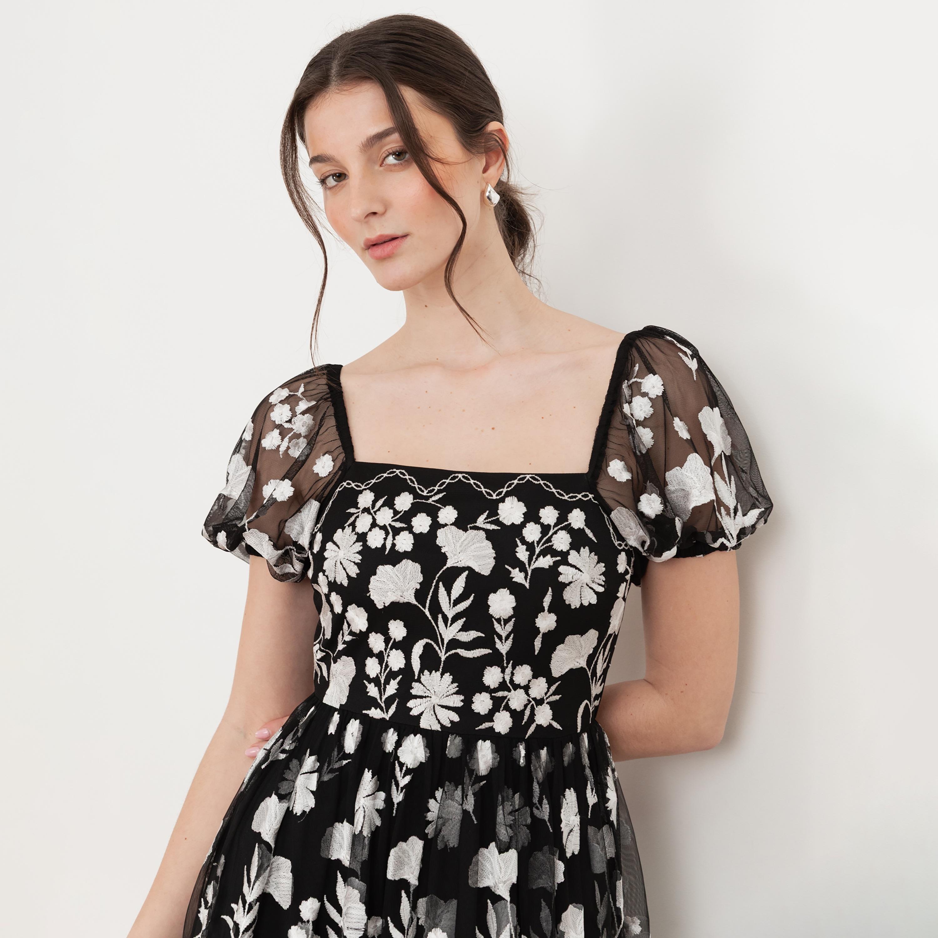 Maya Deluxe Black Embroidered Tulle Square Neck Puff Sleeves Tiered Women's Evening Maxi Dress-women-clothing-dresses-image-3