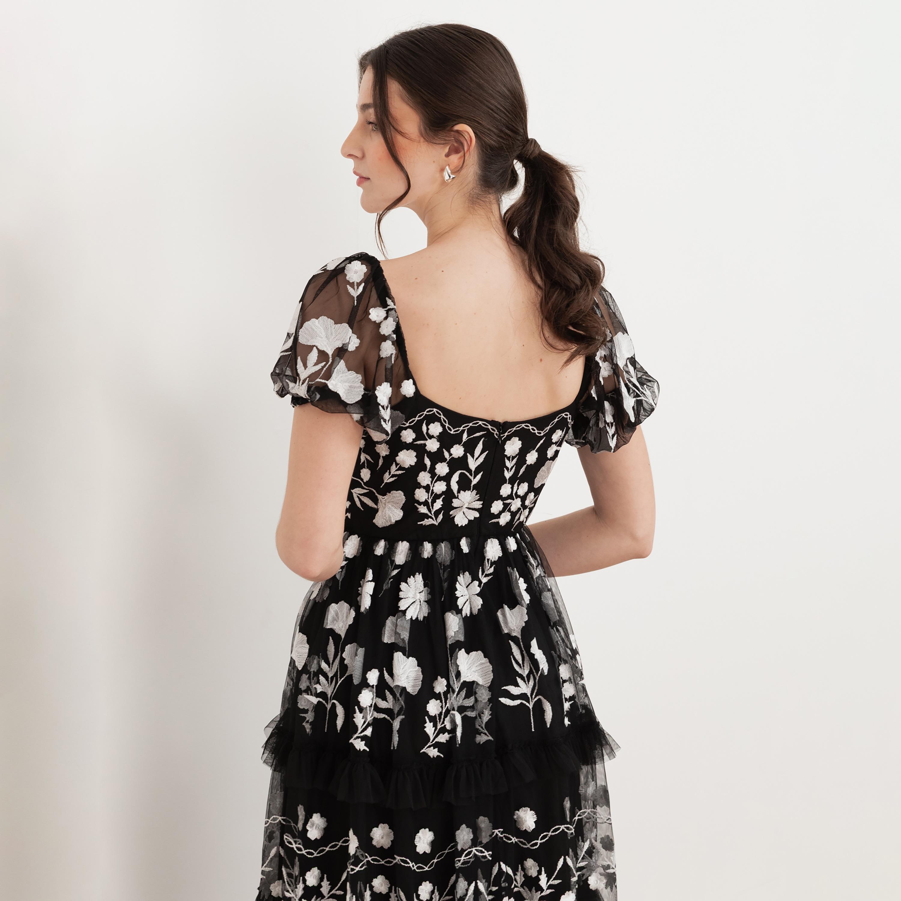 Maya Deluxe Black Embroidered Tulle Square Neck Puff Sleeves Tiered Women's Evening Maxi Dress-women-clothing-dresses-image-4