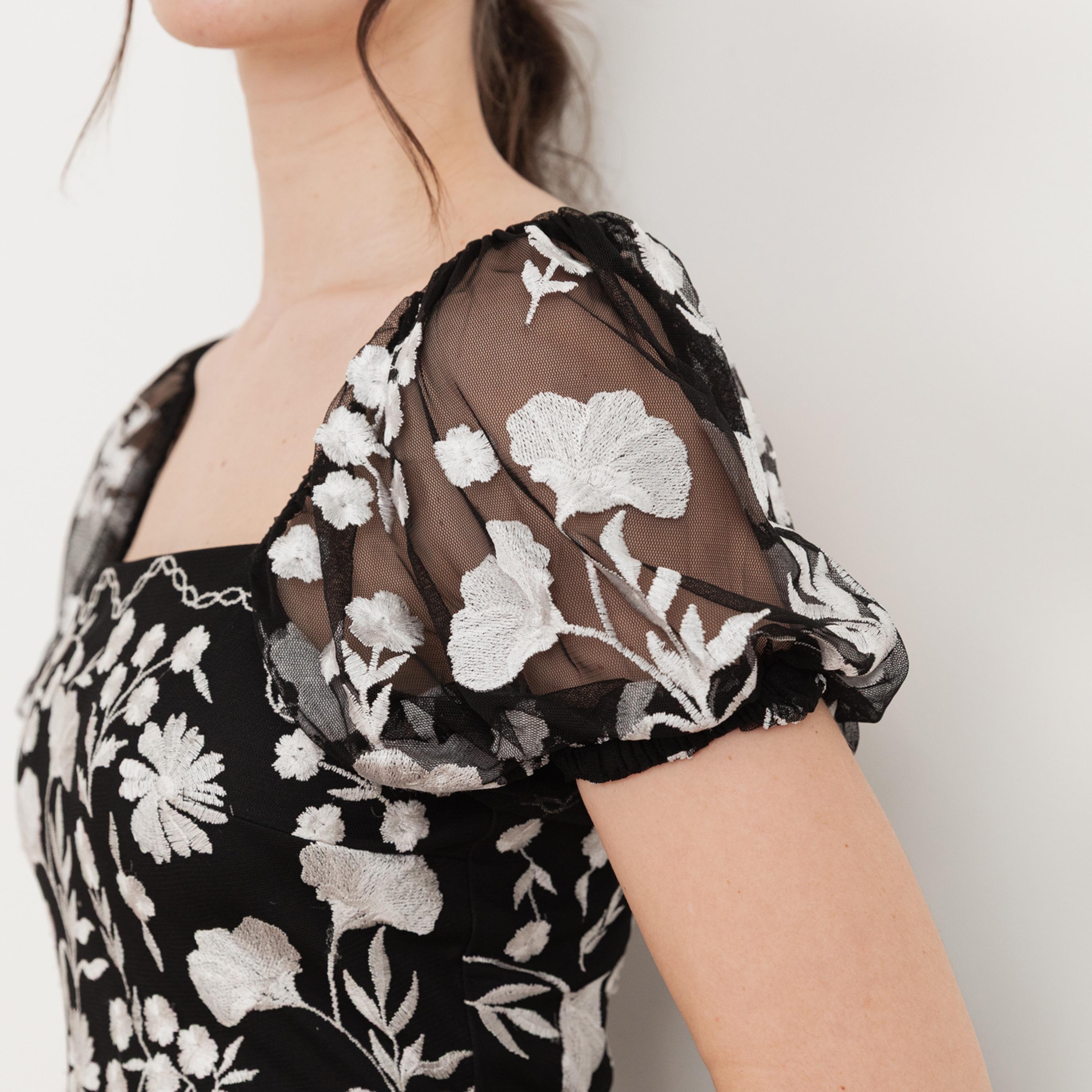 Maya Deluxe Black Embroidered Tulle Square Neck Puff Sleeves Tiered Women's Evening Maxi Dress-women-clothing-dresses-image-5