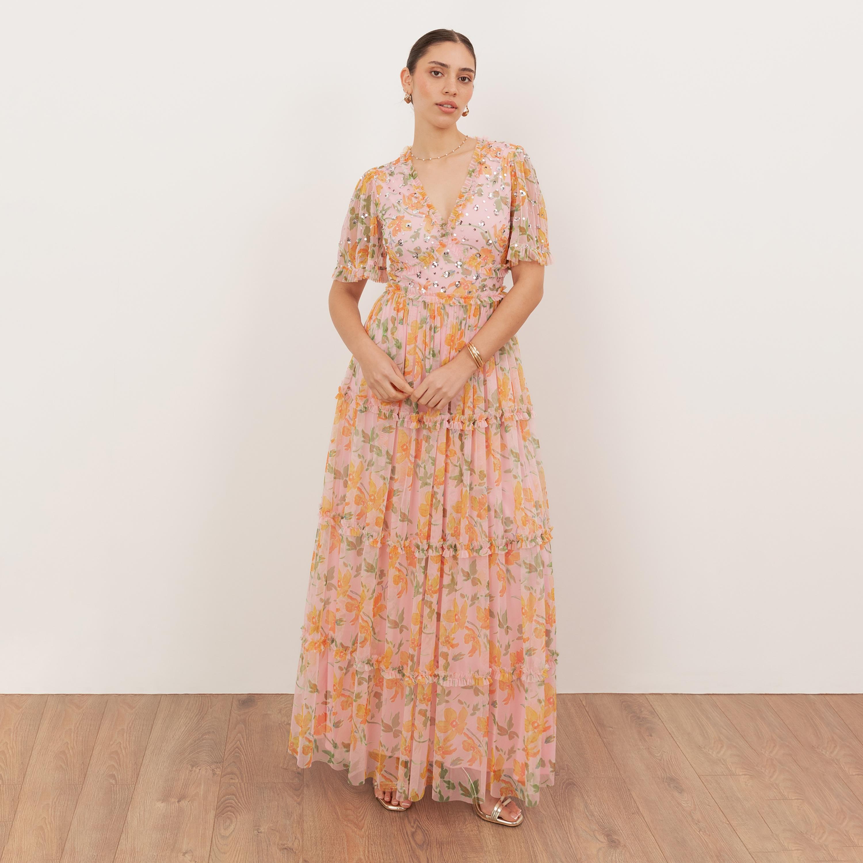 Anaya With Love Recycled Pink Floral Print Tulle Ruffle Detail Sleeves Tiered Women's Maxi Dress-women-clothing-dresses-image-1