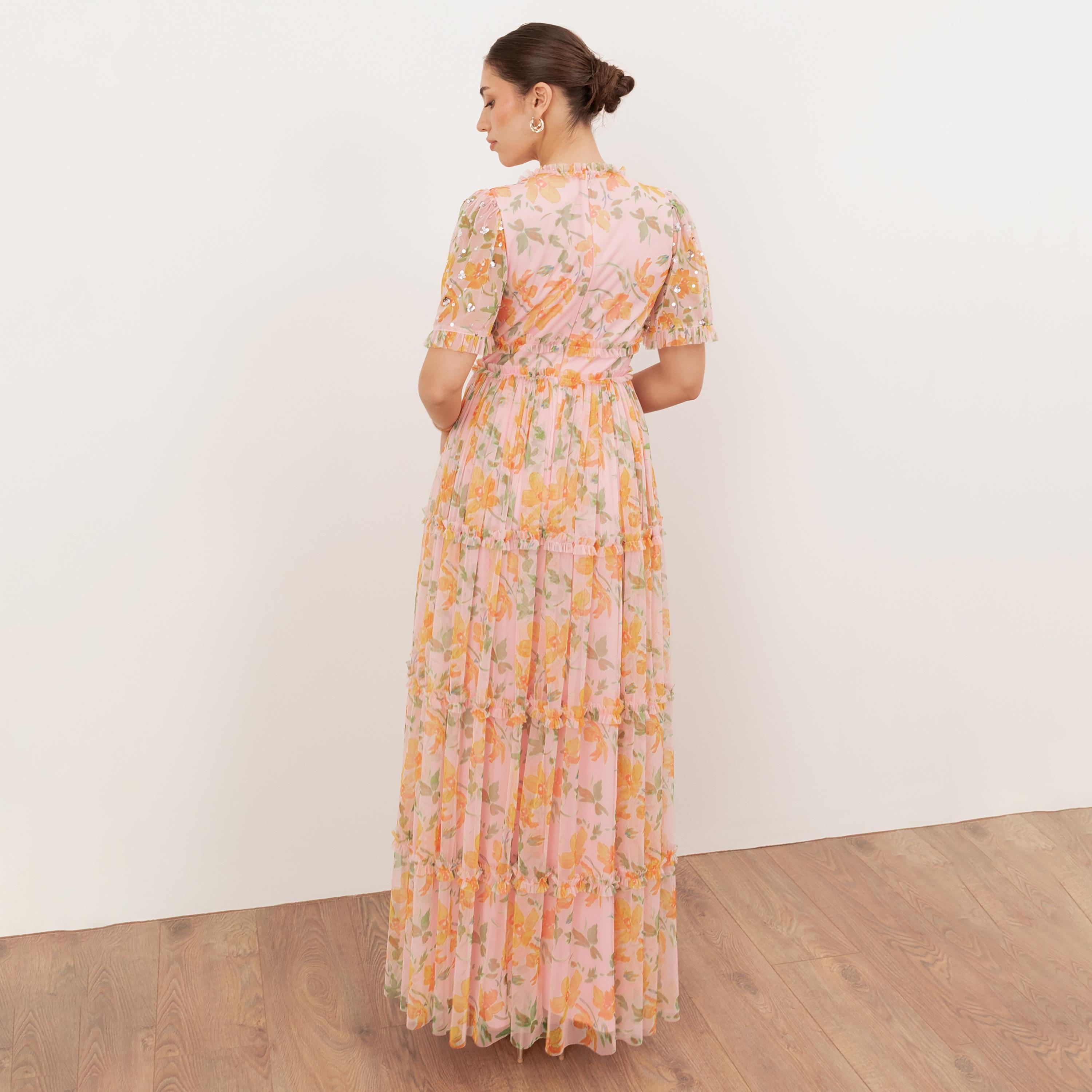 Anaya With Love Recycled Pink Floral Print Tulle Ruffle Detail Sleeves Tiered Women's Maxi Dress-women-clothing-dresses-image-2