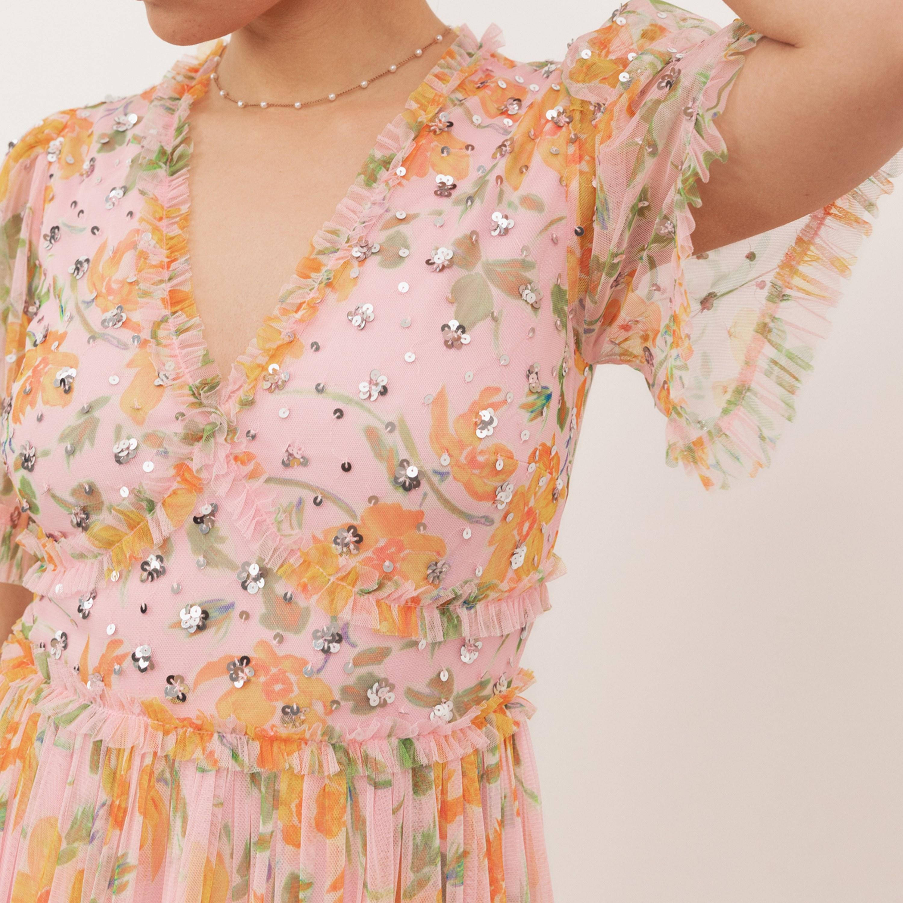 Anaya With Love Recycled Pink Floral Print Tulle Ruffle Detail Sleeves Tiered Women's Maxi Dress-women-clothing-dresses-image-3